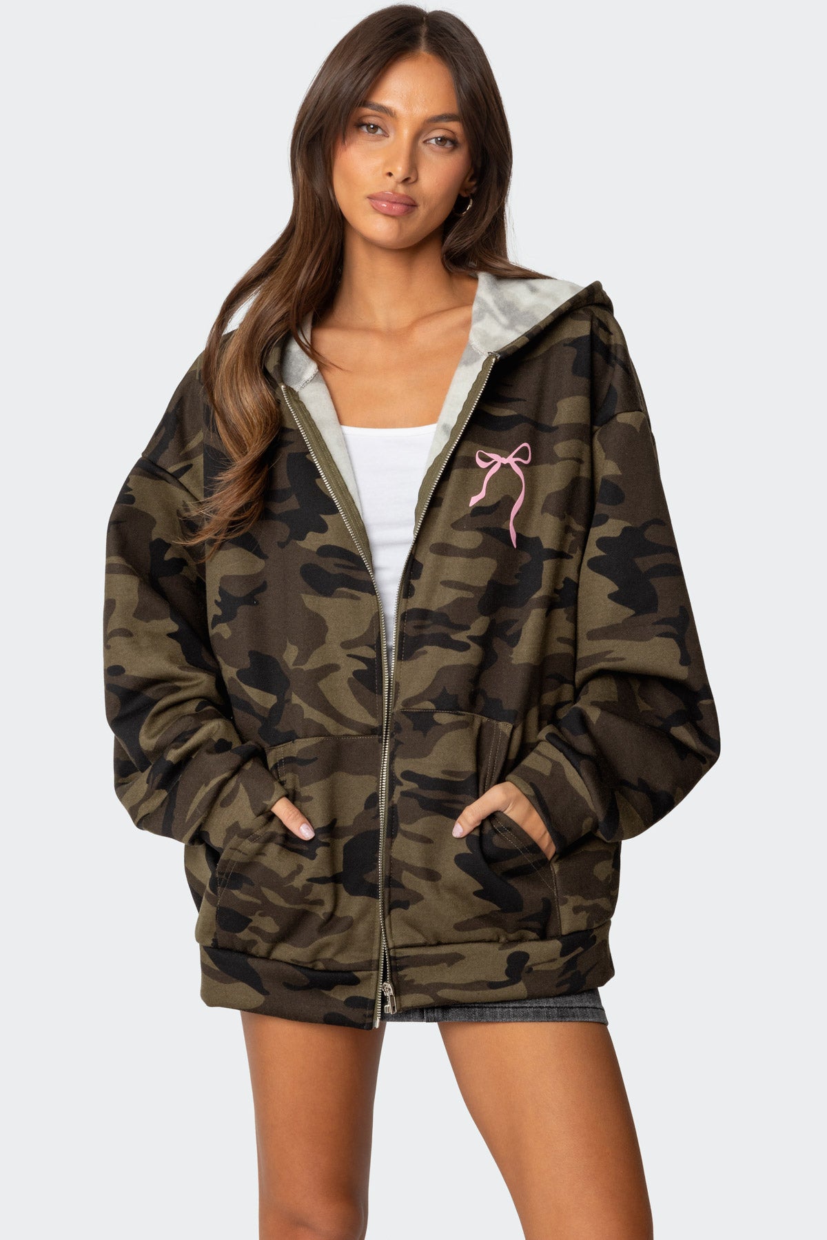Camo Oversized Bow Detail Hoodie-Juice Dress