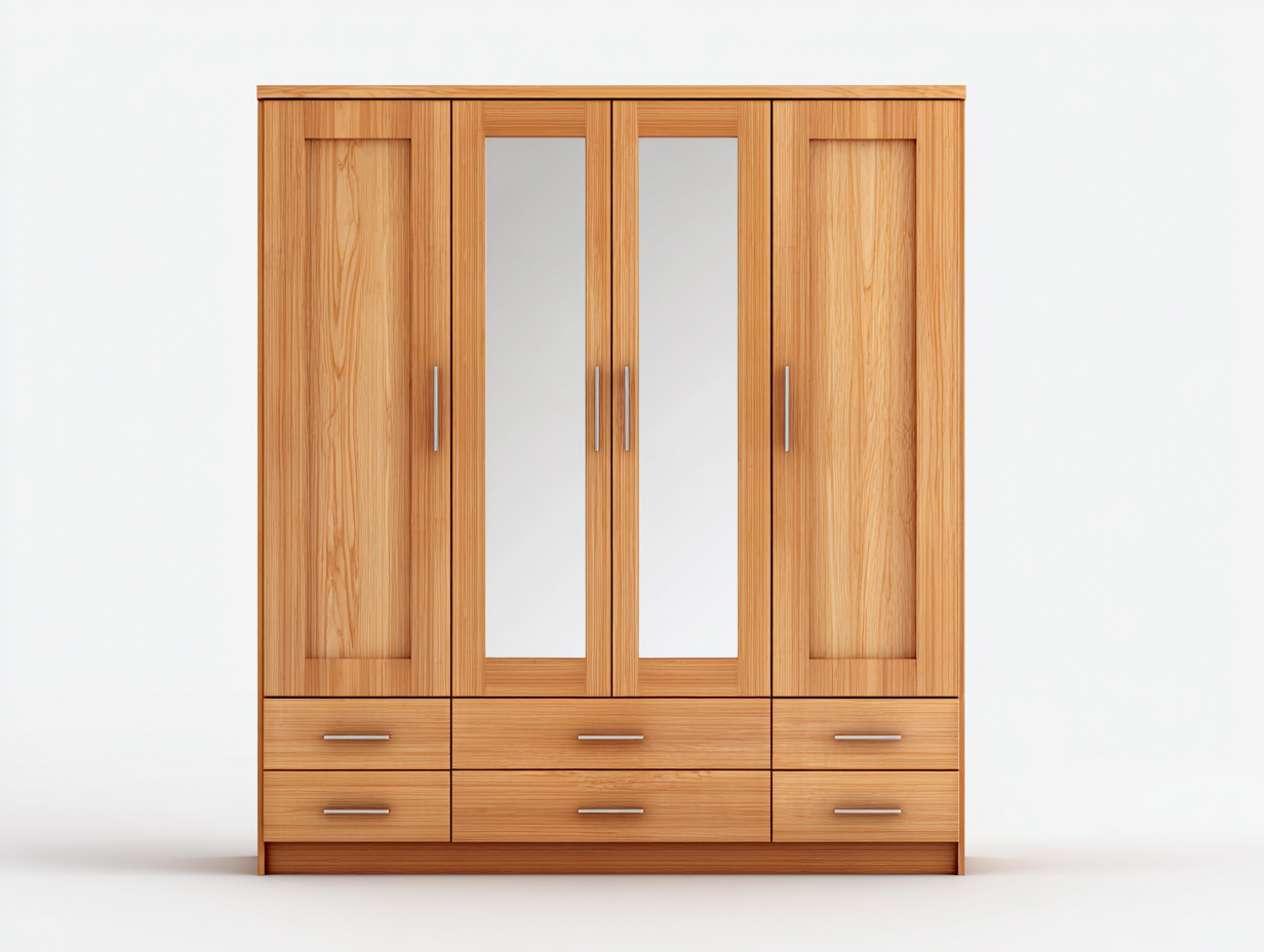 Armoire en bois 160x55x200 cm - chêne clair - 4 portes dont 2 miroirs et 6 tiroirs - style moderne