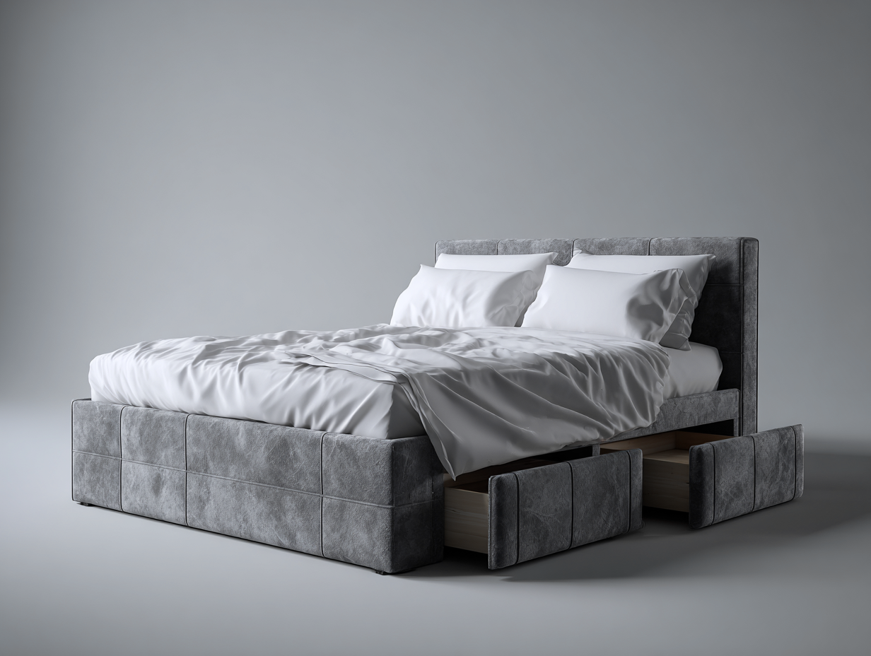 Lit double en tissu 200x160x110 cm - gris - avec rangement