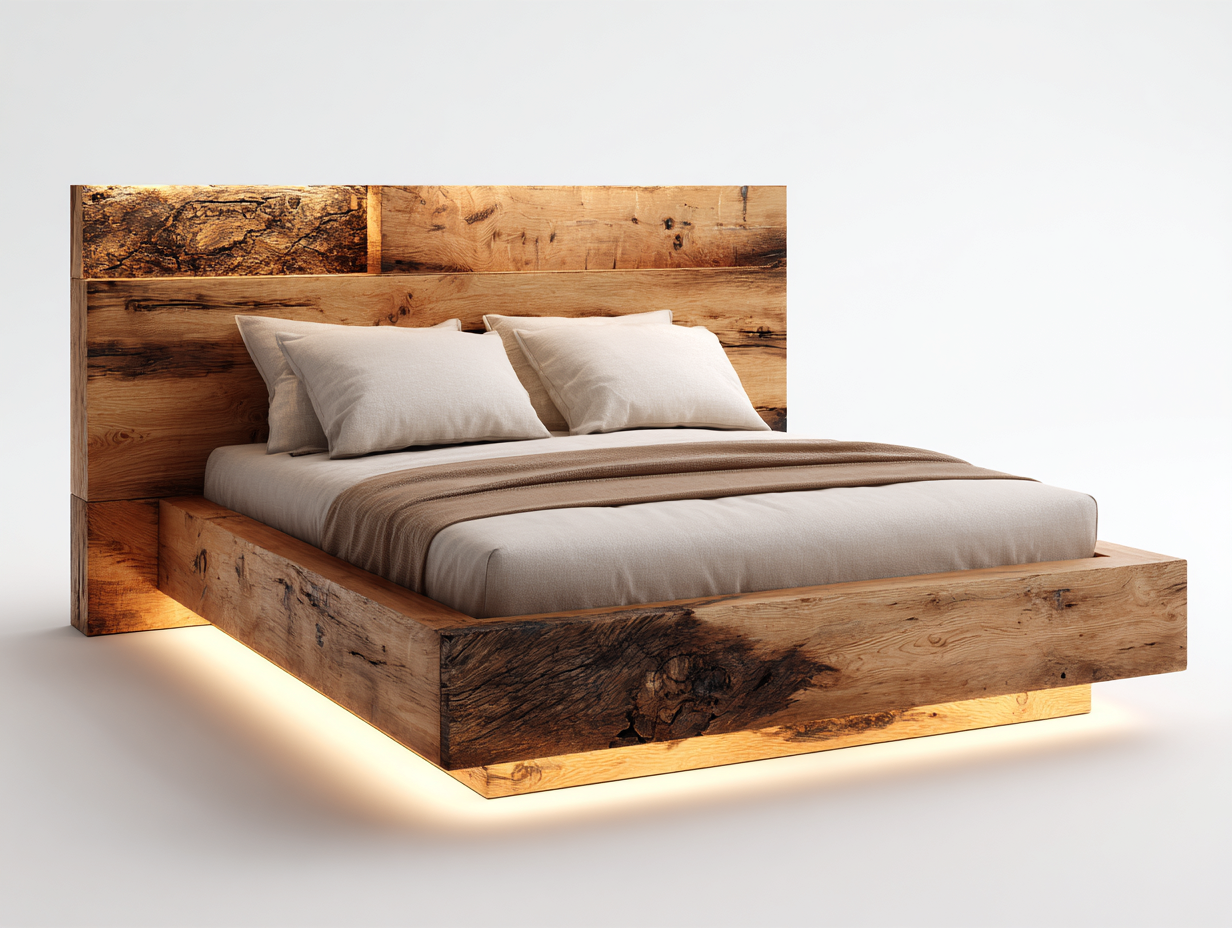 Lit double en bois massif 200x160x95 cm - bois naturel - style rustique avec éclairage