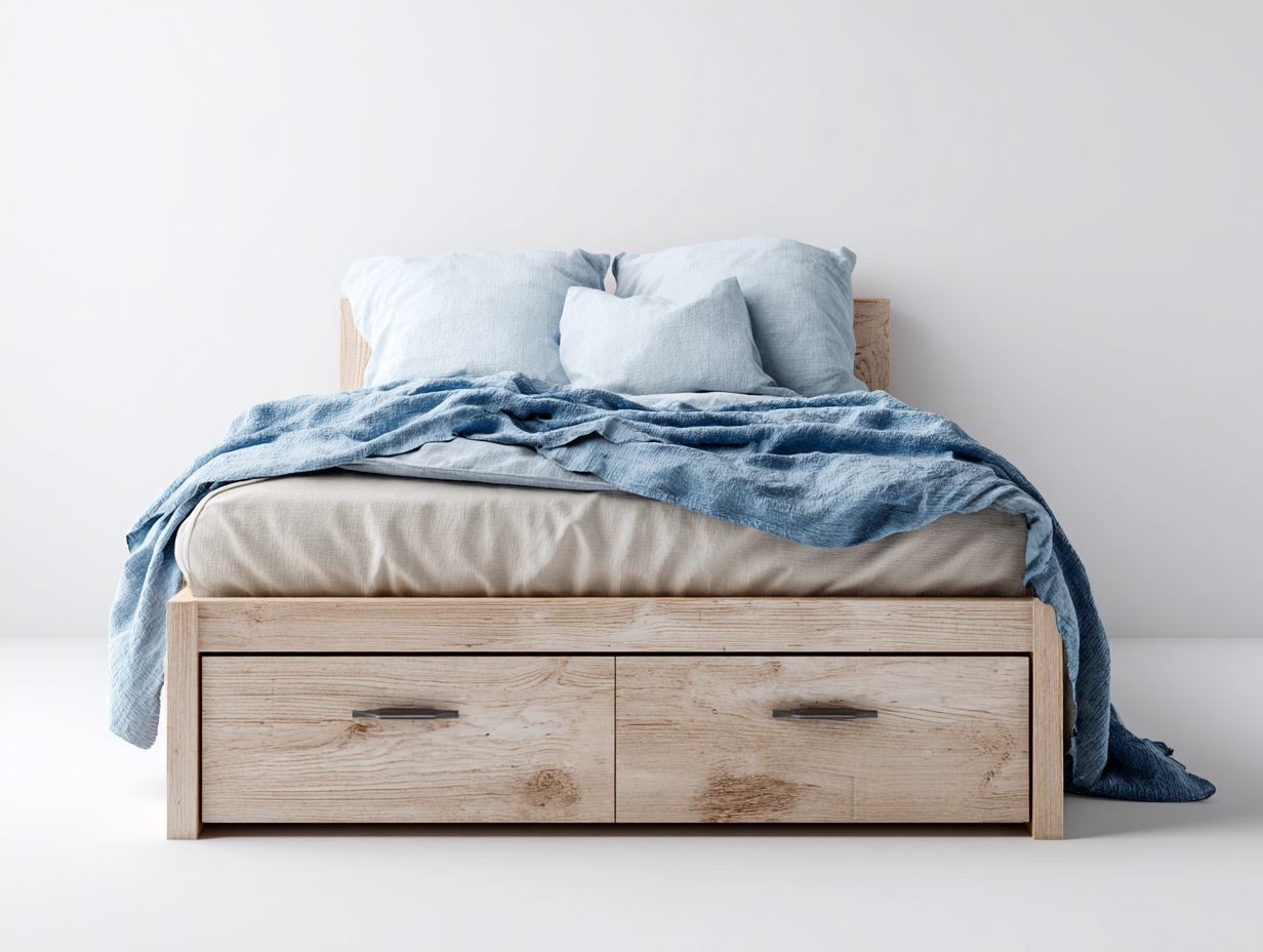 Lit double en bois 200x150x105 cm - brun clair - avec rangement