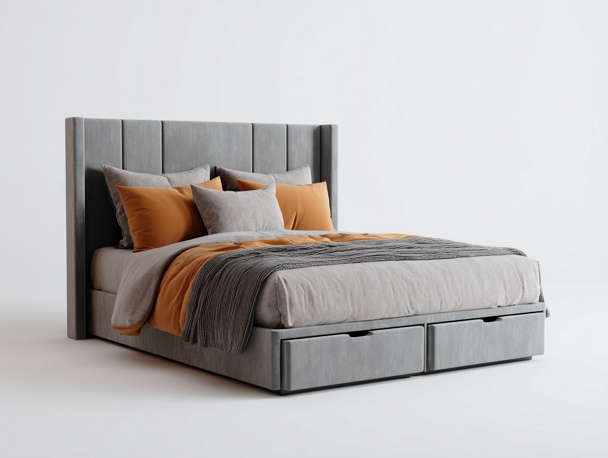 Lit double en tissu 200x160x120 cm - gris - avec rangement à tiroirs - style contemporain