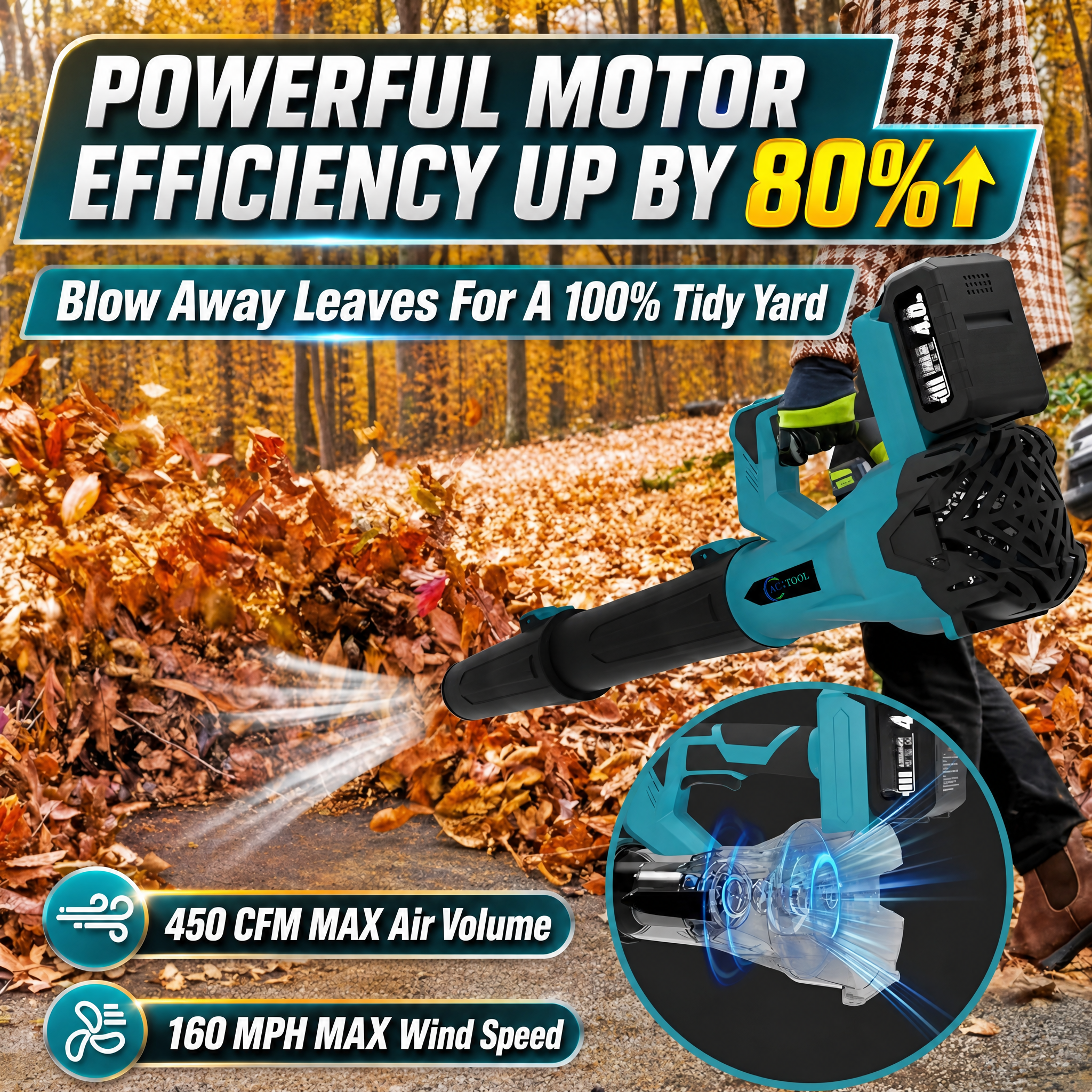 21V Cordless 6-Speed Leaf Blower – Quickly clears leaves, snow, dust, and light debris. Includes 2 batteries for extended runtime.