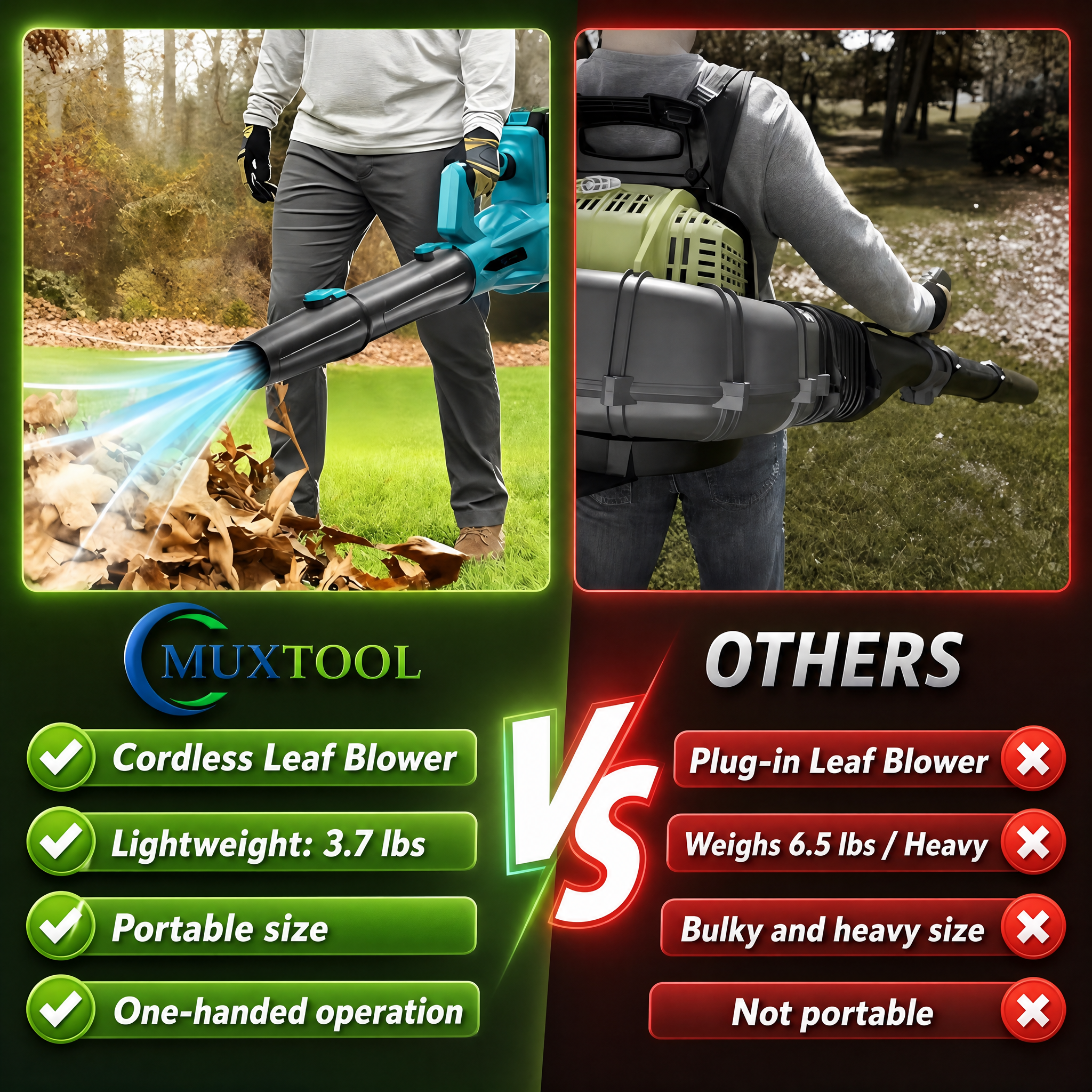 21V Cordless 6-Speed Leaf Blower – Quickly clears leaves, snow, dust, and light debris. Includes 2 batteries for extended runtime.