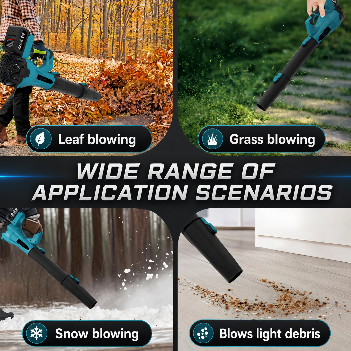 21V Cordless 6-Speed Leaf Blower – Quickly clears leaves, snow, dust, and light debris. Includes 2 batteries for extended runtime.