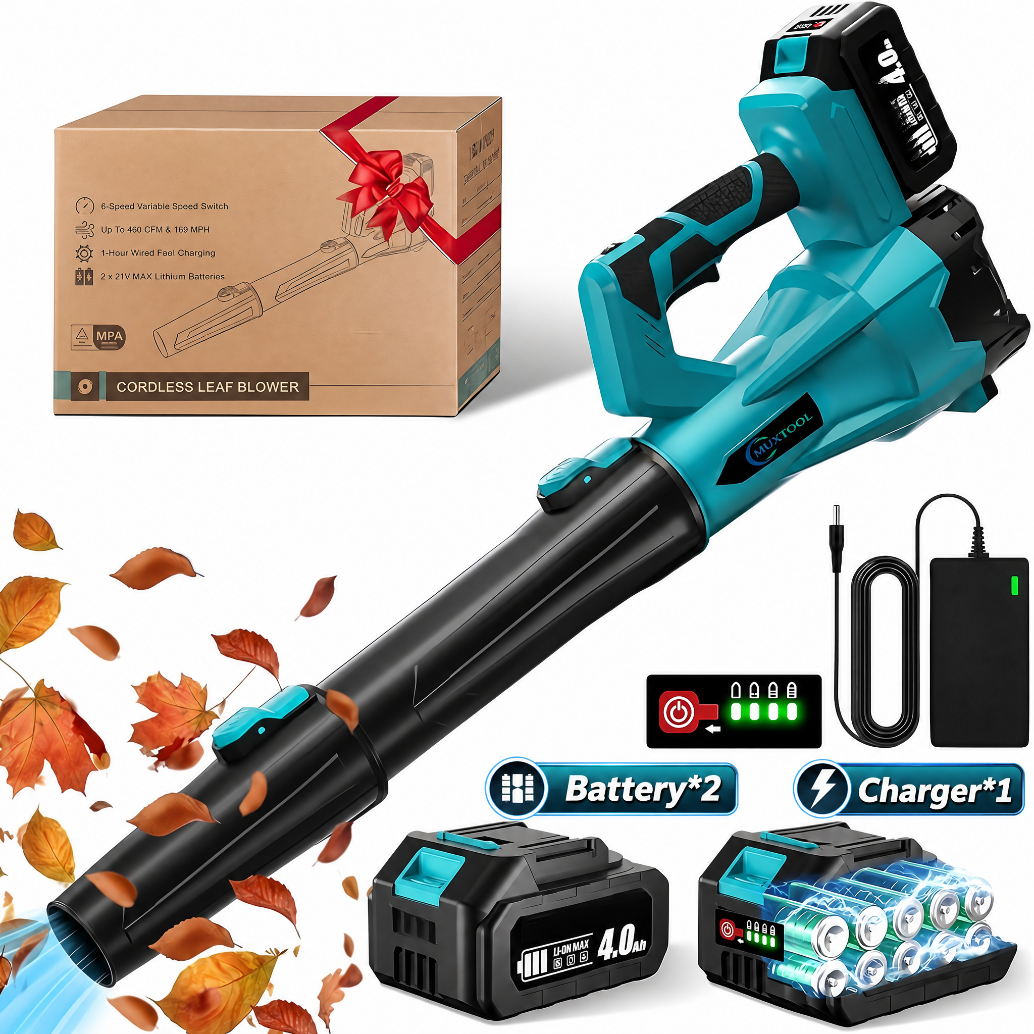 21V Cordless 6-Speed Leaf Blower – Quickly clears leaves, snow, dust, and light debris. Includes 2 batteries for extended runtime.