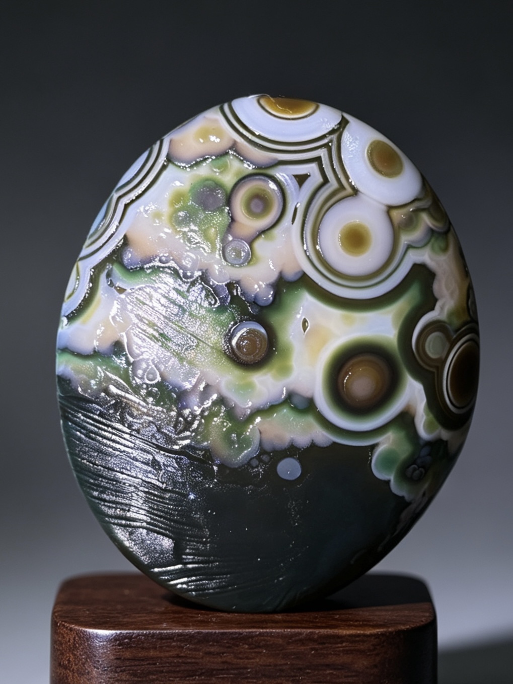 Mongolian Gobi flower‑eye agate（D9）2.68×2.36×0.87 in