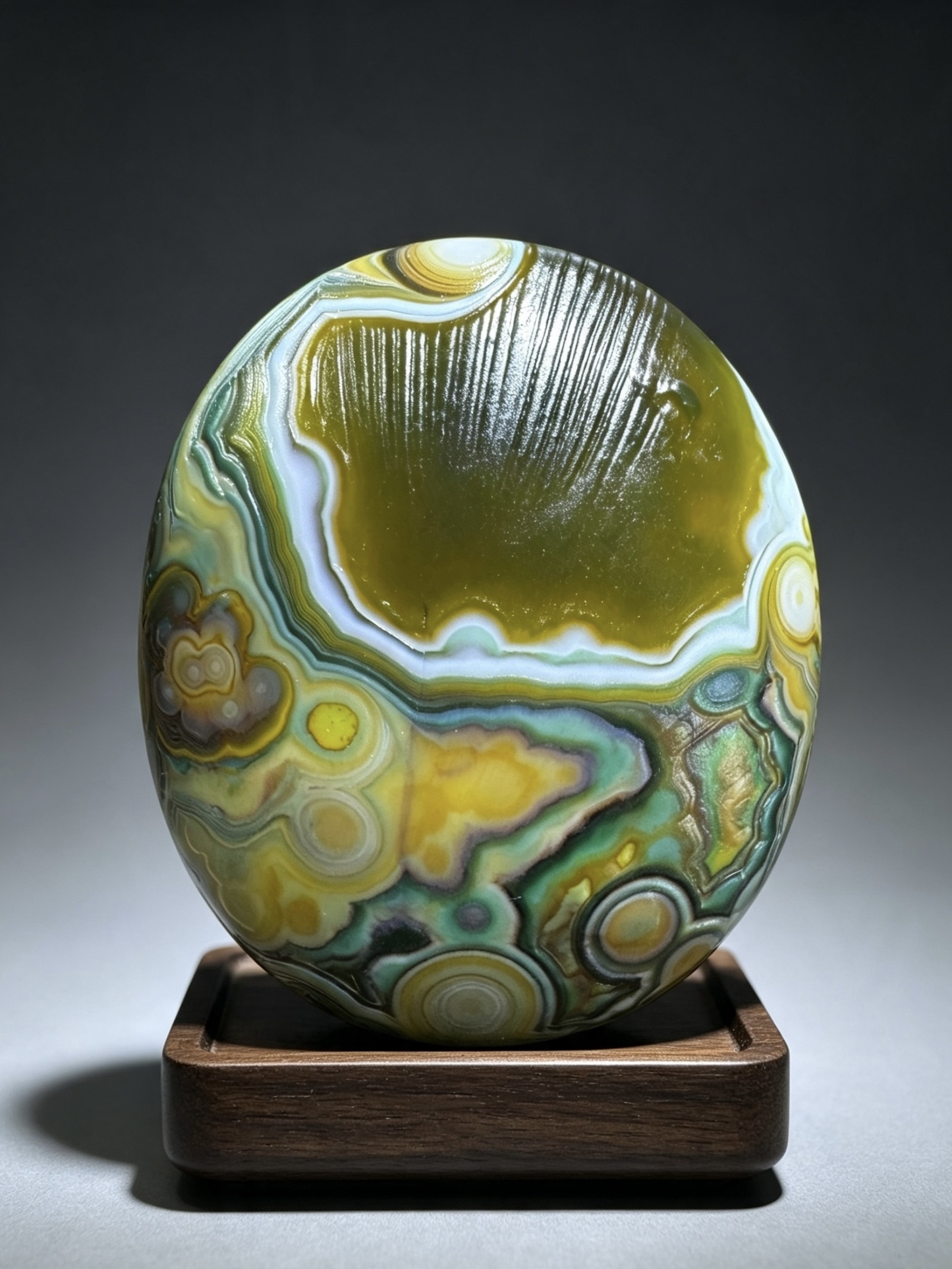 Mongolian Gobi flower‑eye agate（D22）2.87×2.56×1.14 in