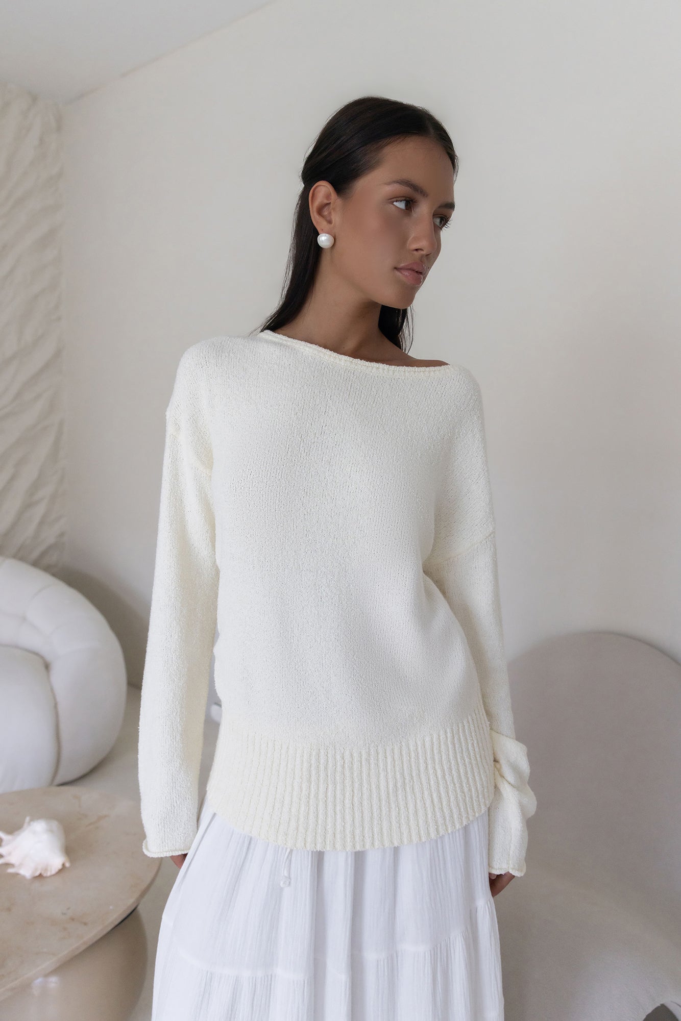 Sugar Petal Off Shoulder Knit Sweater White-Seaa Fashion