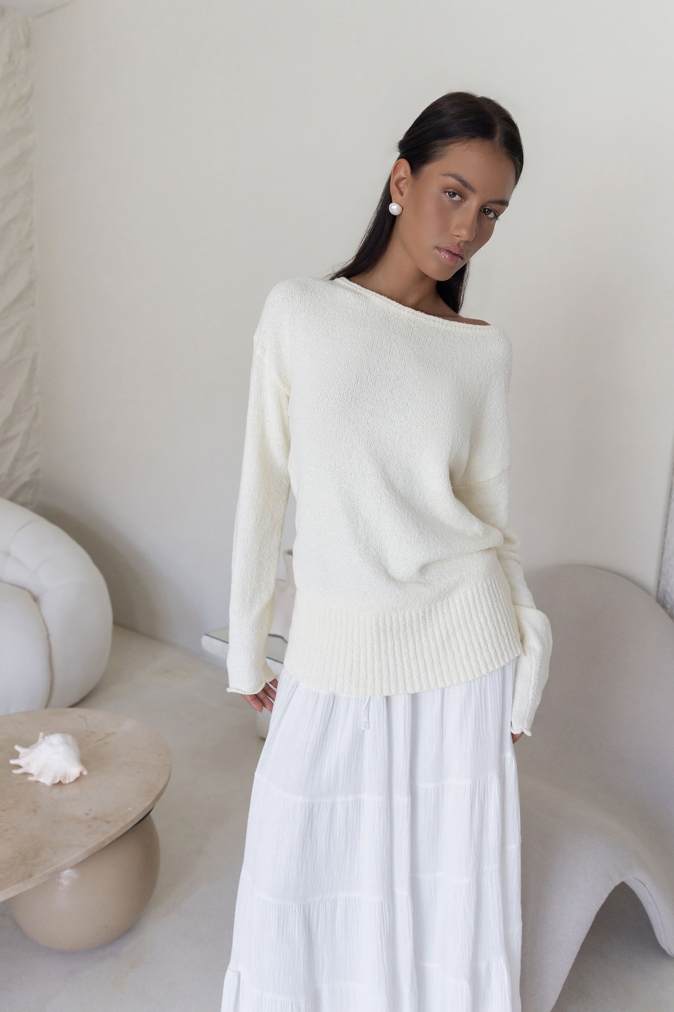 Sugar Petal Off Shoulder Knit Sweater White-Seaa Fashion