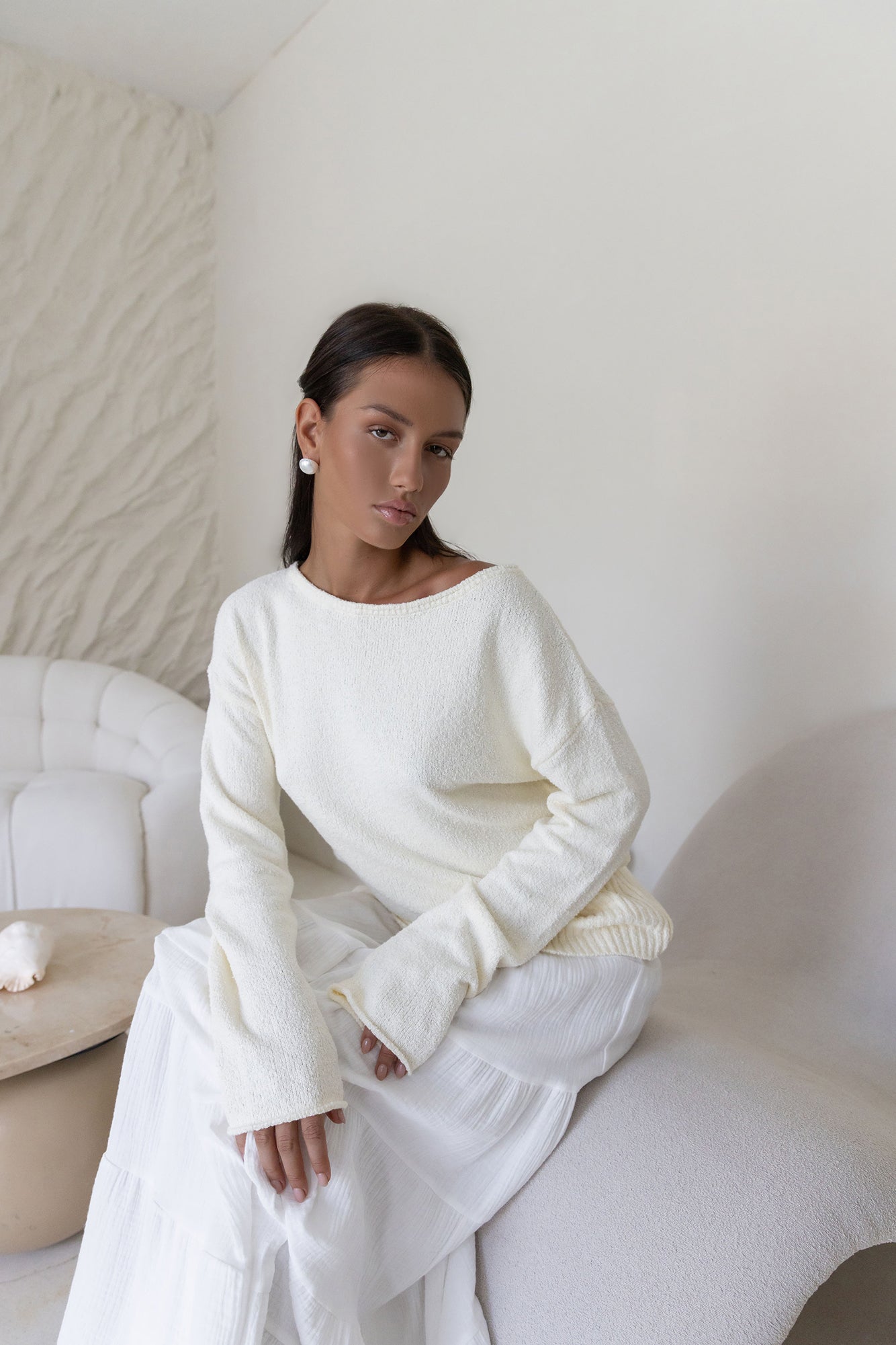 Sugar Petal Off Shoulder Knit Sweater White-Seaa Fashion