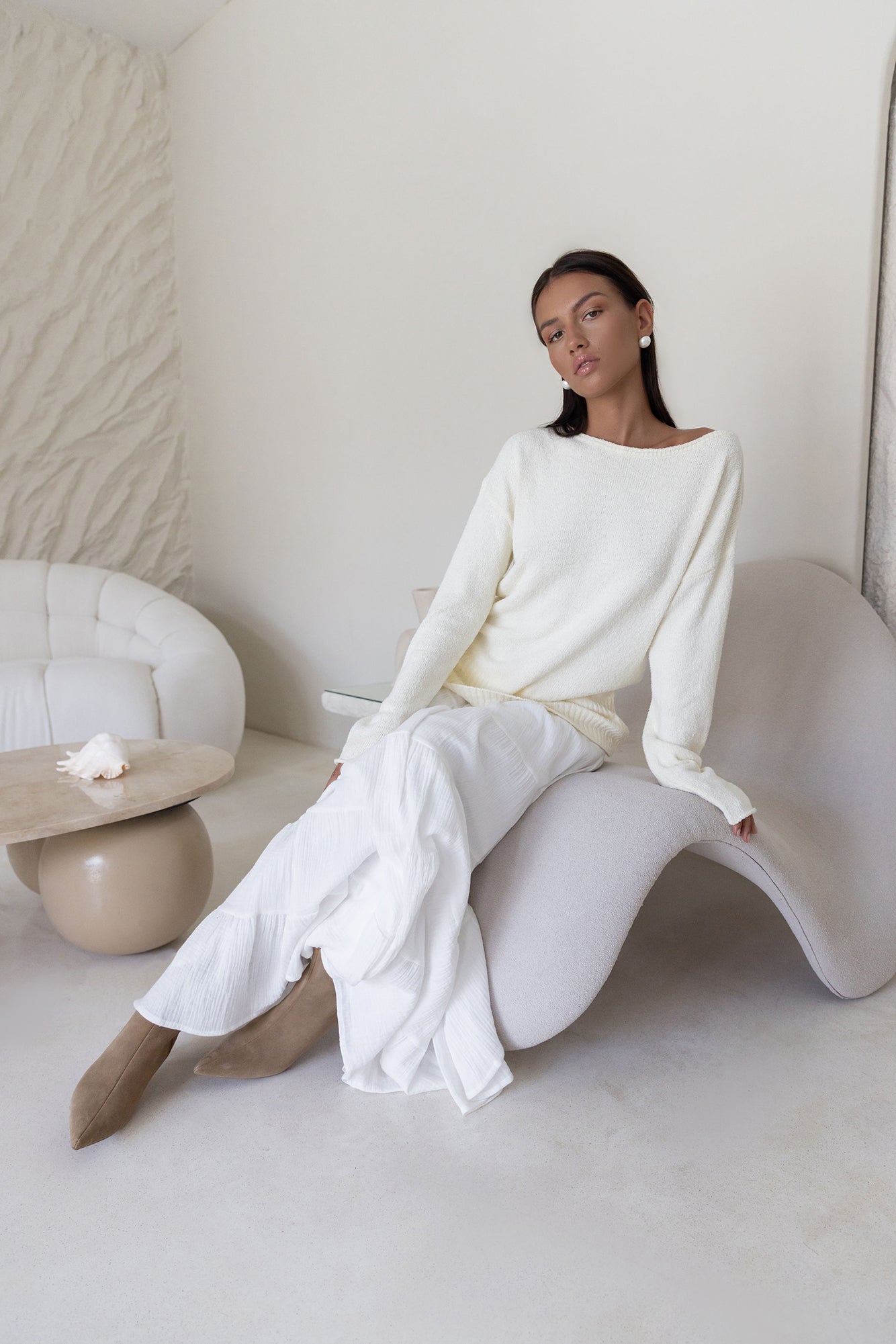 Sugar Petal Off Shoulder Knit Sweater White-Seaa Fashion