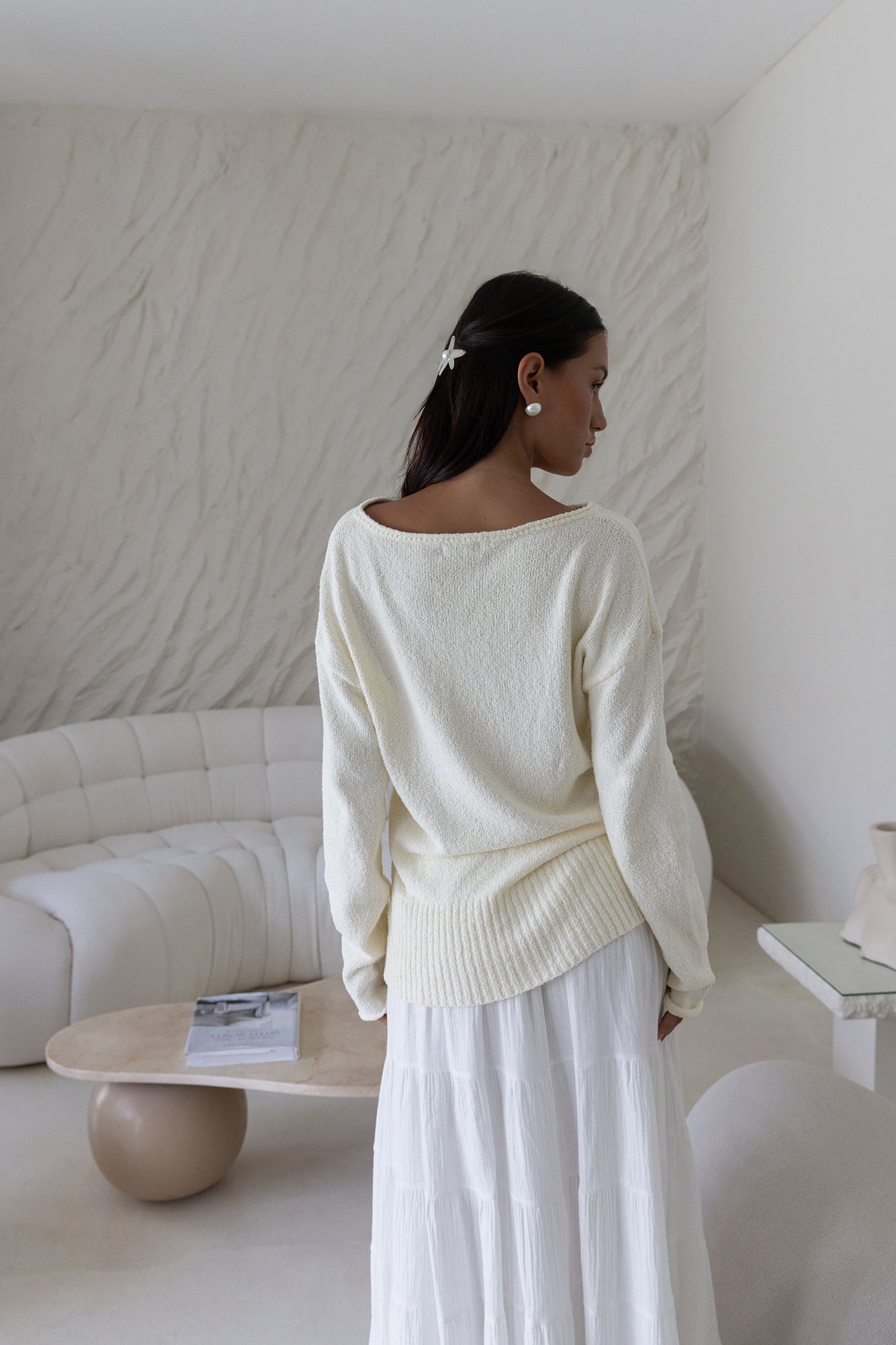 Sugar Petal Off Shoulder Knit Sweater White-Seaa Fashion