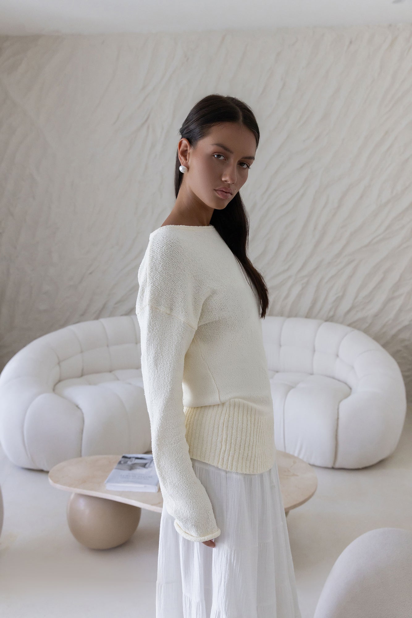 Sugar Petal Off Shoulder Knit Sweater White-Seaa Fashion