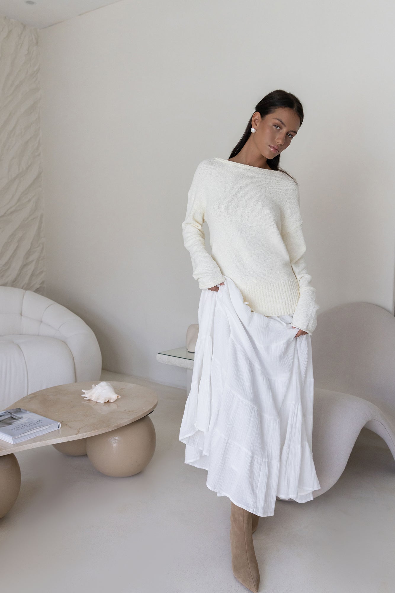 Sugar Petal Off Shoulder Knit Sweater White-Seaa Fashion