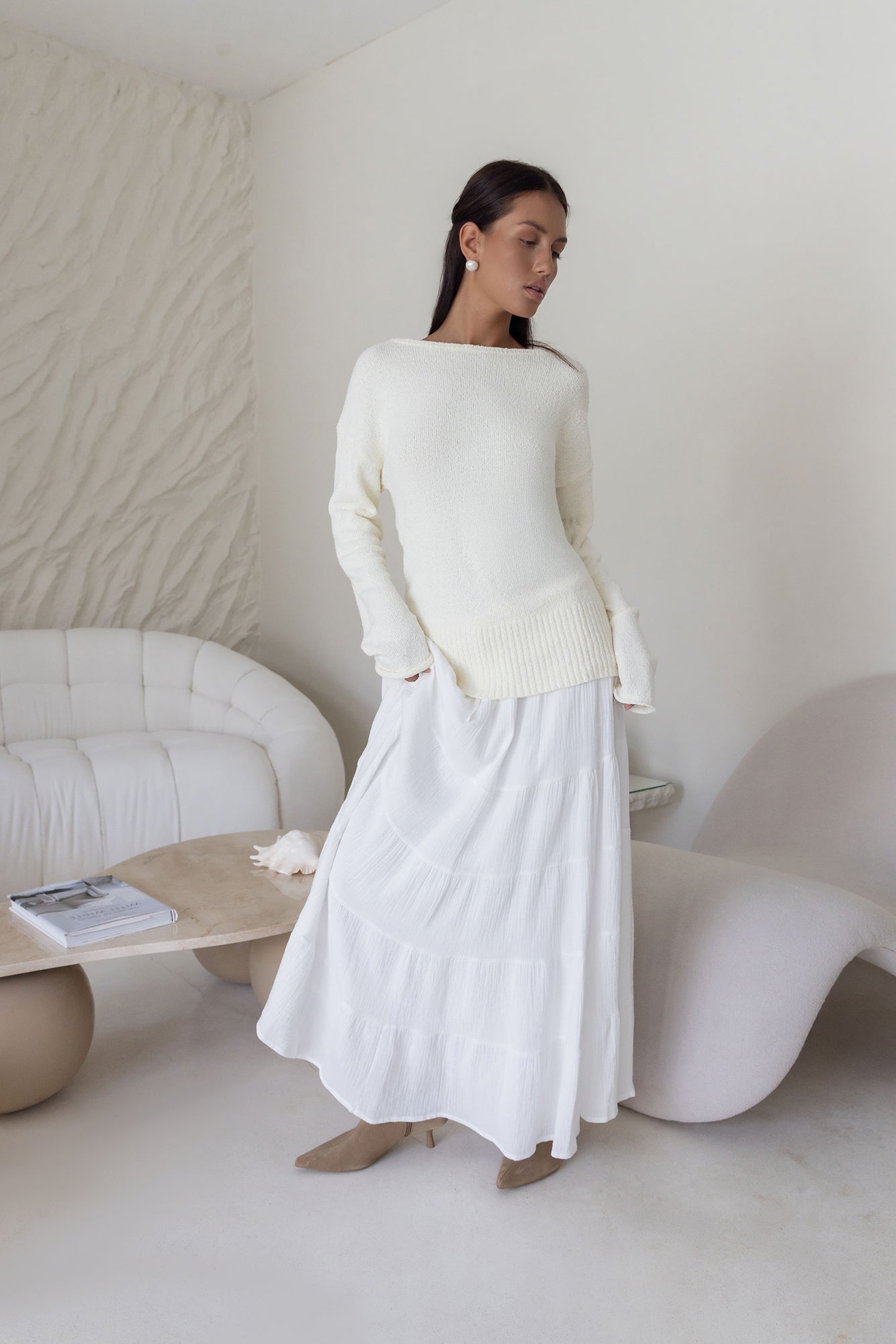 Sugar Petal Off Shoulder Knit Sweater White-Seaa Fashion