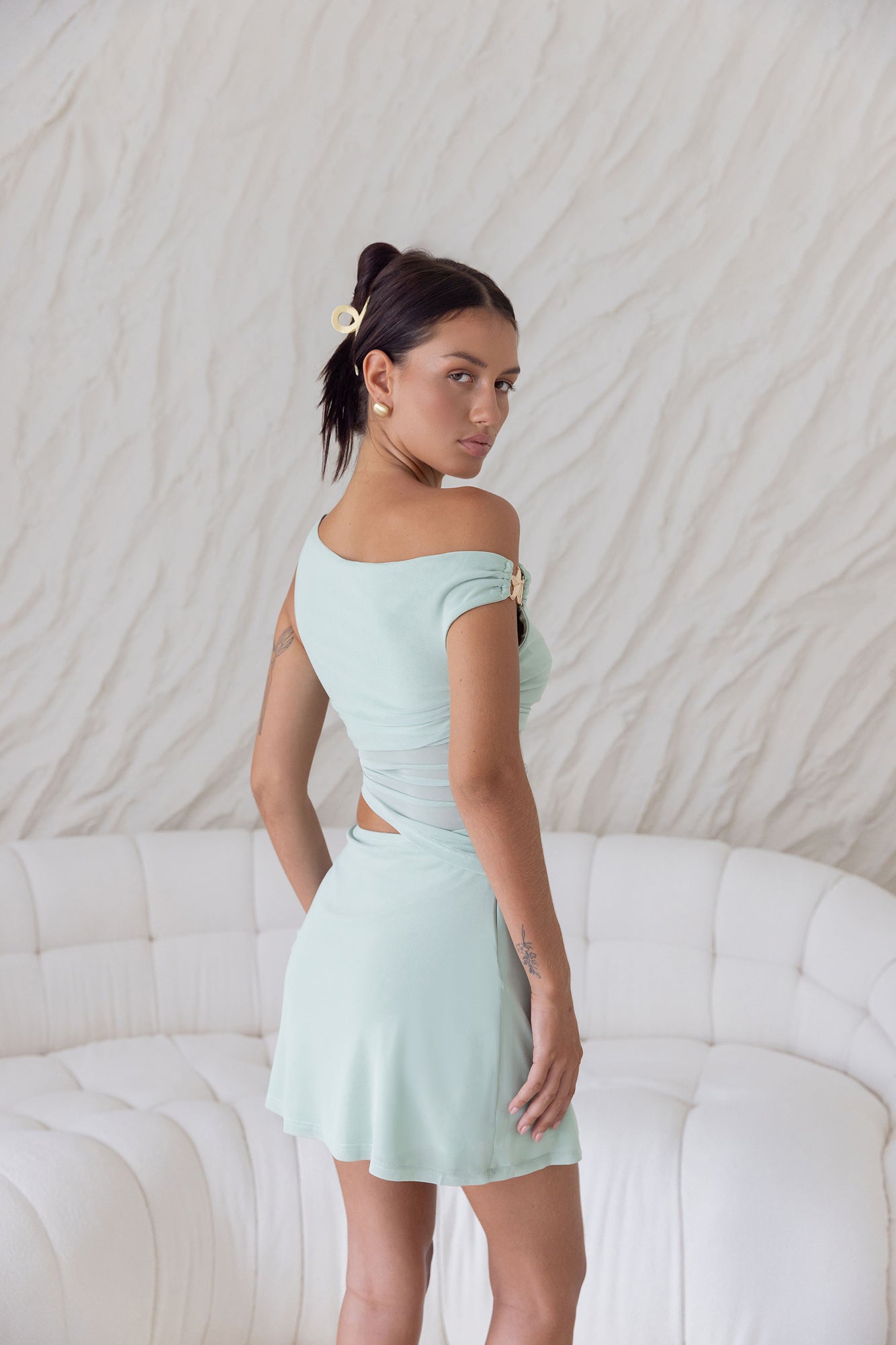 Forever Present Off Shoulder Mesh Mini Dress Sage-Seaa Fashion