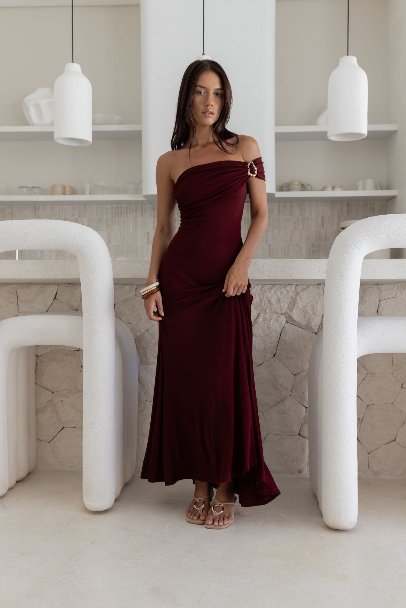 Sundown Secrets Off Shoulder Maxi Dress Wine-Seaa Fashion