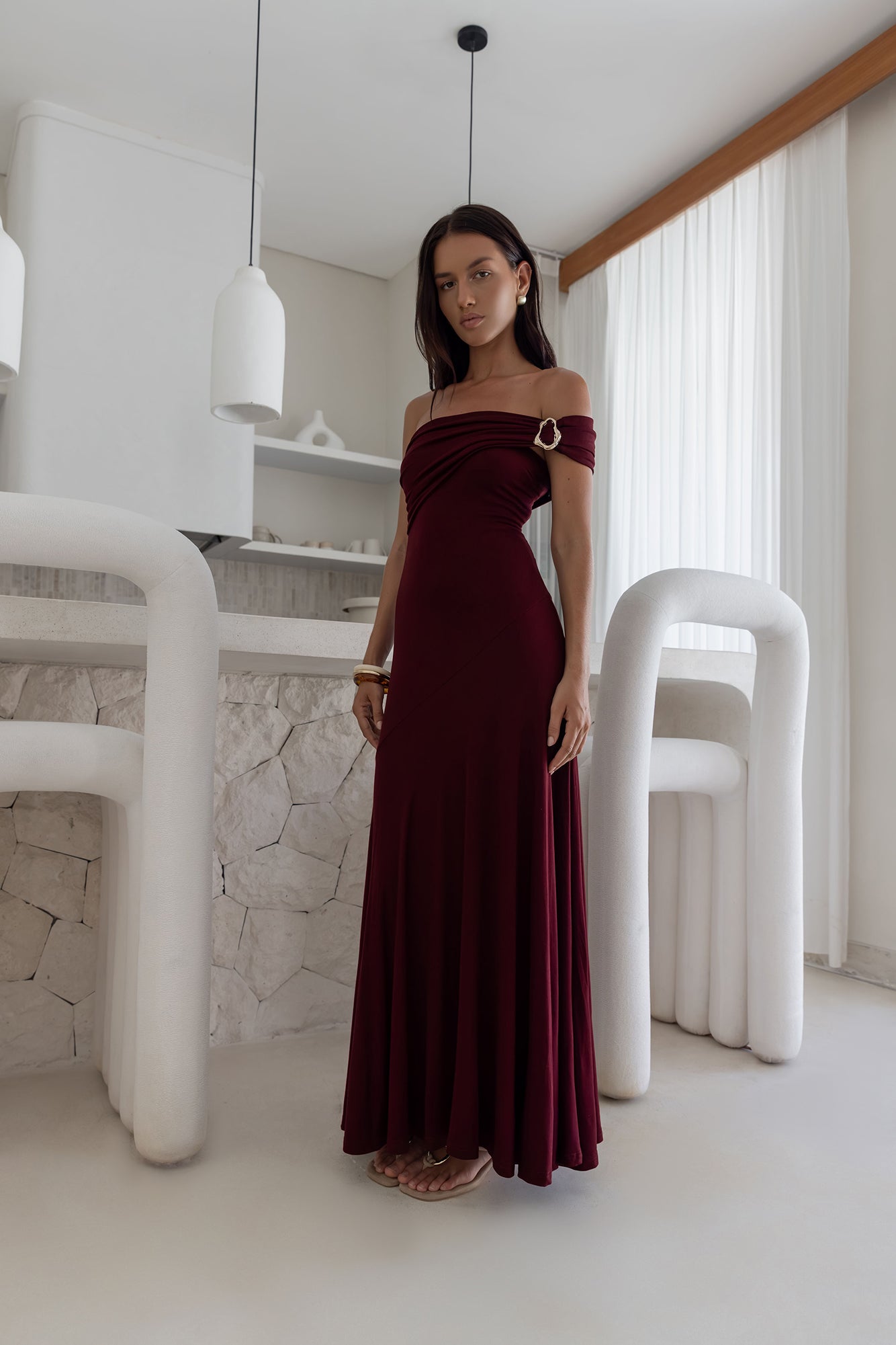 Sundown Secrets Off Shoulder Maxi Dress Wine-Seaa Fashion