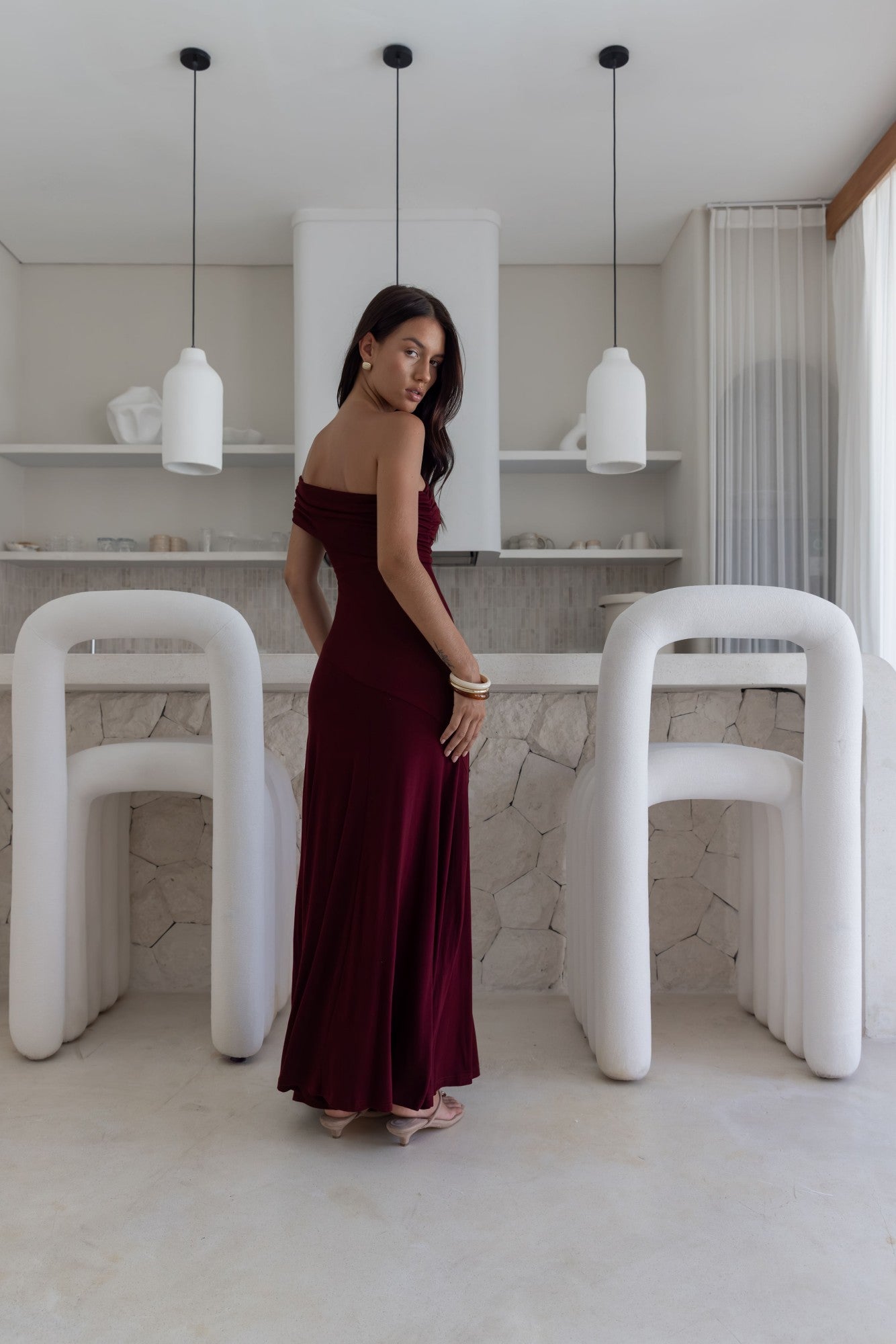 Sundown Secrets Off Shoulder Maxi Dress Wine-Seaa Fashion