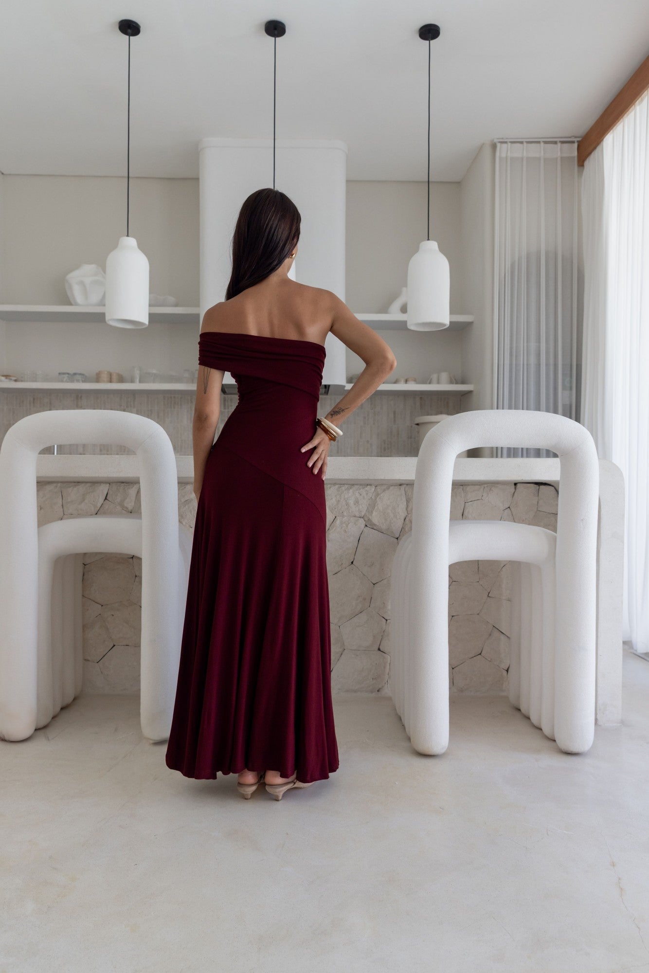 Sundown Secrets Off Shoulder Maxi Dress Wine-Seaa Fashion