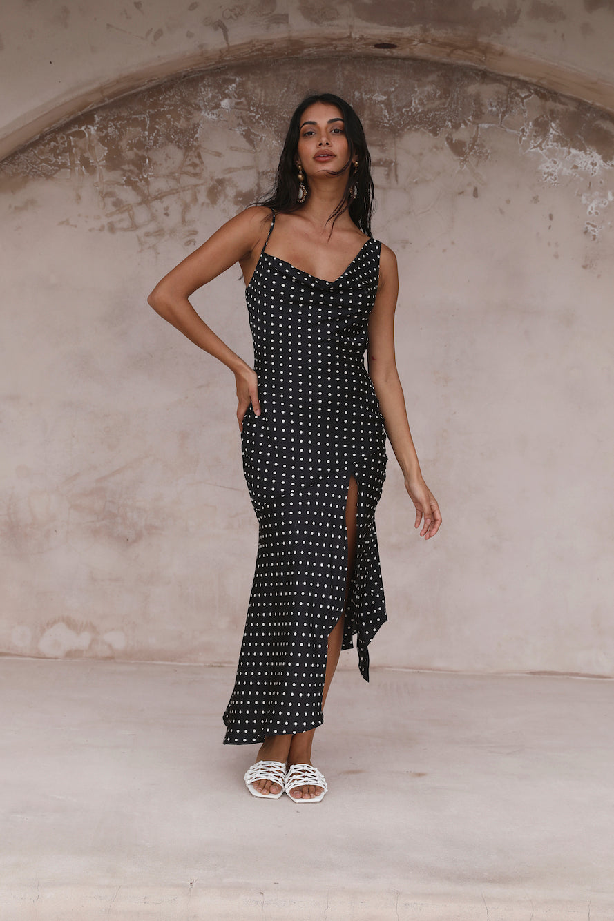 HELLO MOLLY Dotted Moment Satin Polka Dot Midi Dress Black-Seaa Fashion