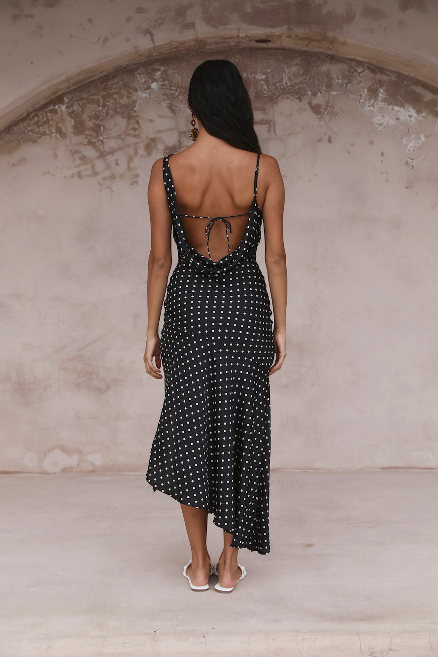 HELLO MOLLY Dotted Moment Satin Polka Dot Midi Dress Black-Seaa Fashion