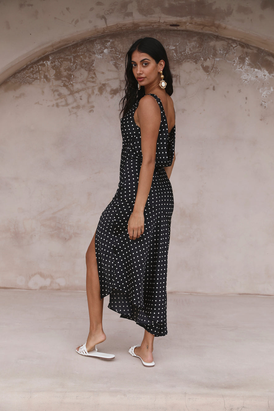 HELLO MOLLY Dotted Moment Satin Polka Dot Midi Dress Black-Seaa Fashion