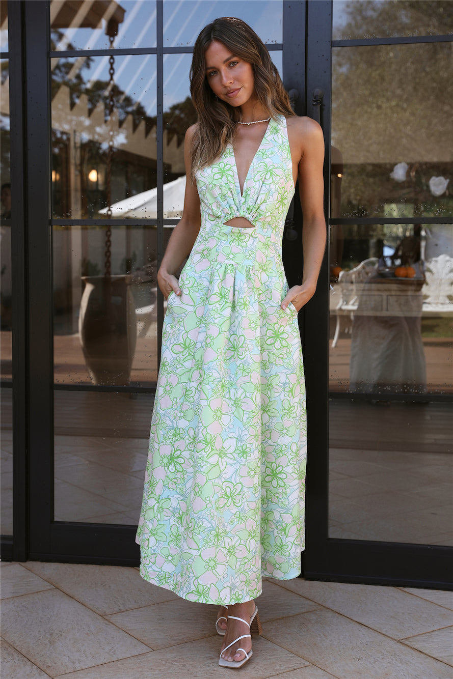 CMEO COLLECTIVE Far Away Midi Dress Green Apple Floral-Seaa Fashion