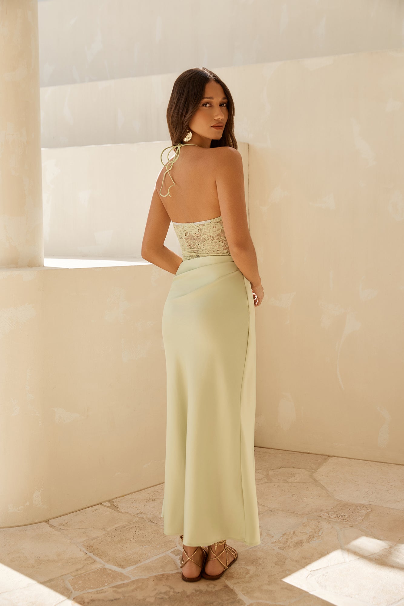 Dreamdays Halter Lace Maxi Dress Sage-Seaa Fashion