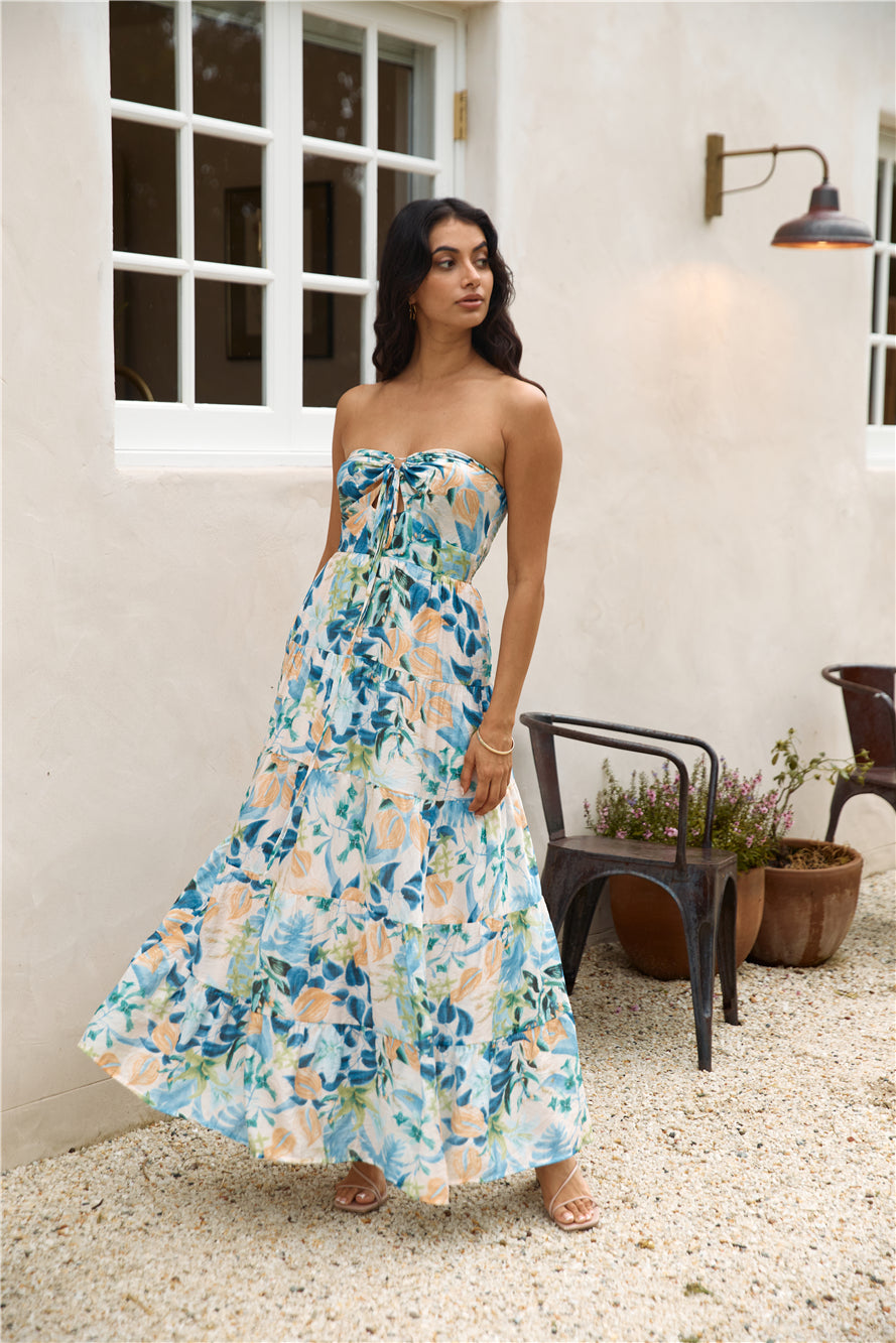 Rainforest Oasis Strapless Maxi Dress Blue-Seaa Fashion