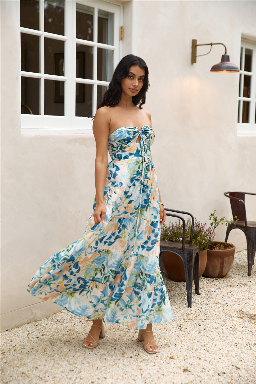 Rainforest Oasis Strapless Maxi Dress Blue-Seaa Fashion