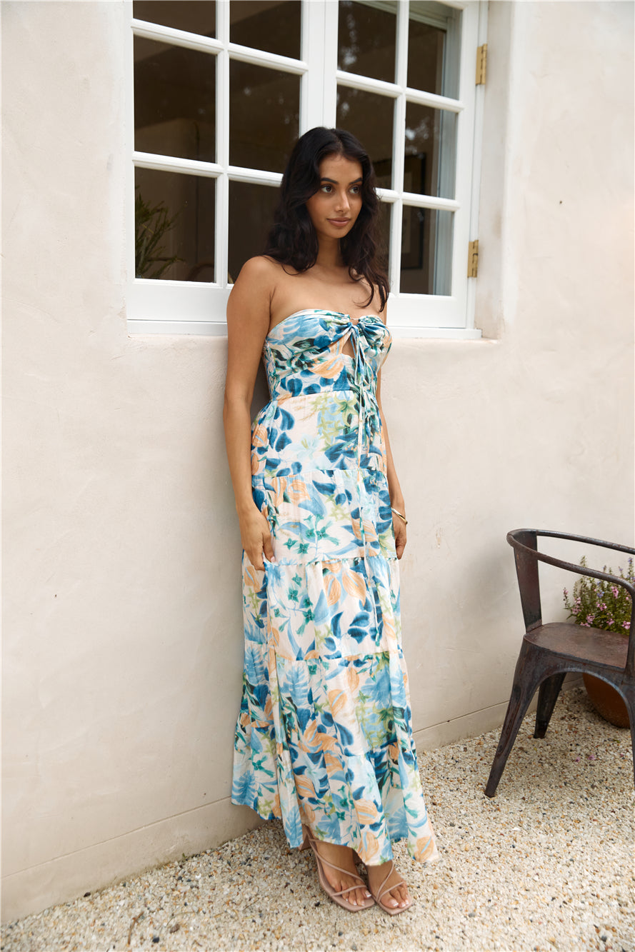 Rainforest Oasis Strapless Maxi Dress Blue-Seaa Fashion