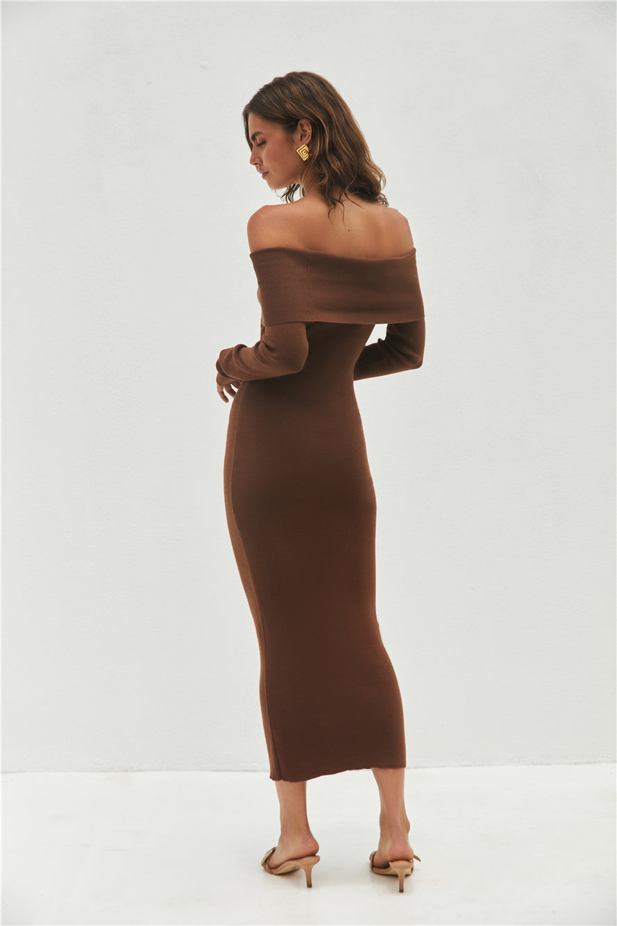 Angels Sing Off Shoulder Knit Maxi Dress Chocolate-Seaa Fashion
