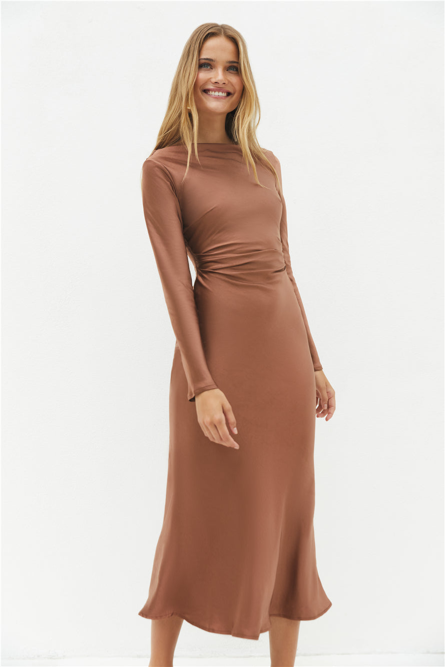 The Forget Me Not Satin Maxi Dress Brown-Seaa Fashion
