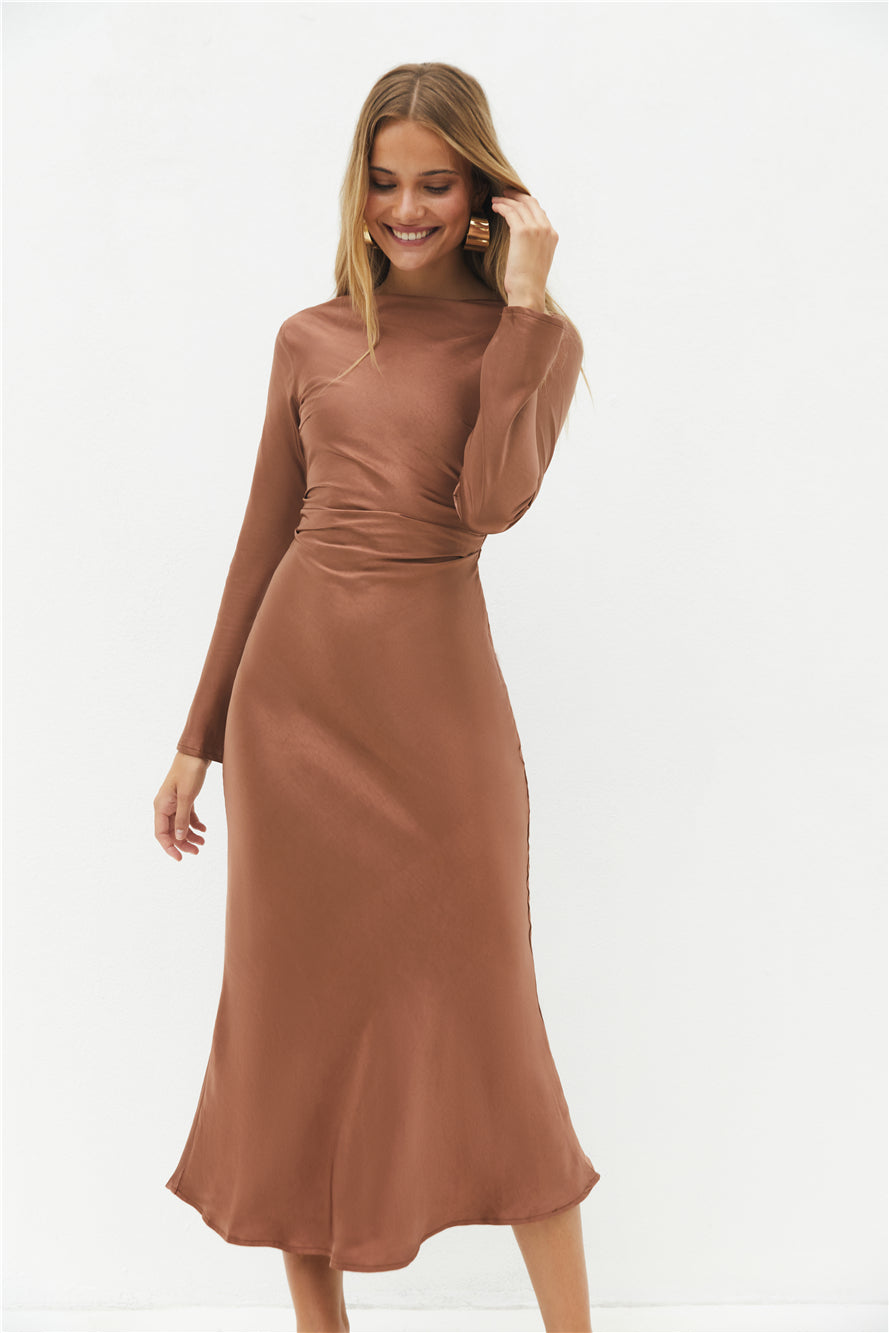 The Forget Me Not Satin Maxi Dress Brown-Seaa Fashion