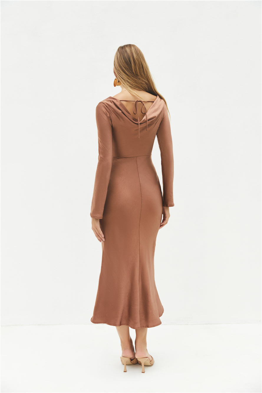 The Forget Me Not Satin Maxi Dress Brown-Seaa Fashion