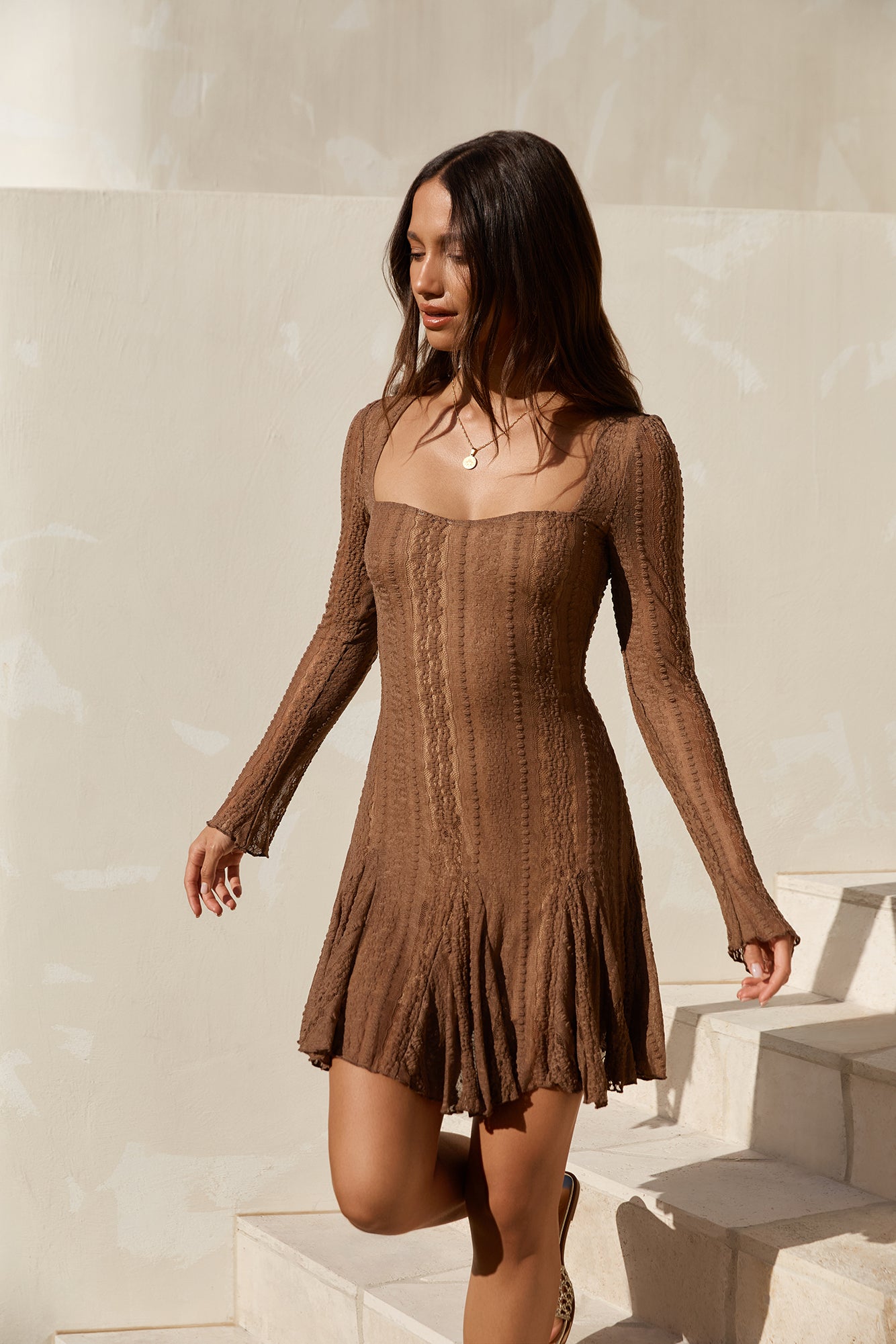 Slow Love Long Sleeve Mini Dress Mocha-Seaa Fashion