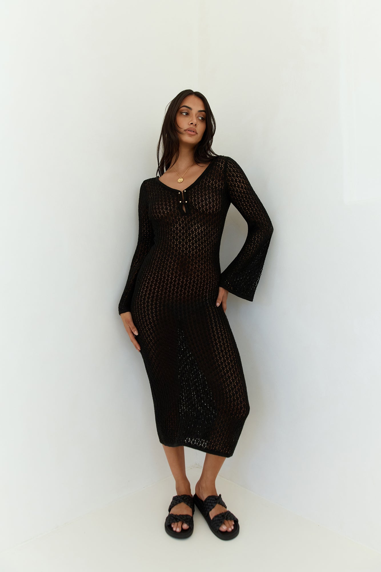 Sailing Into Sunset Knit Long Sleeve Maxi Dress Black-Seaa Fashion