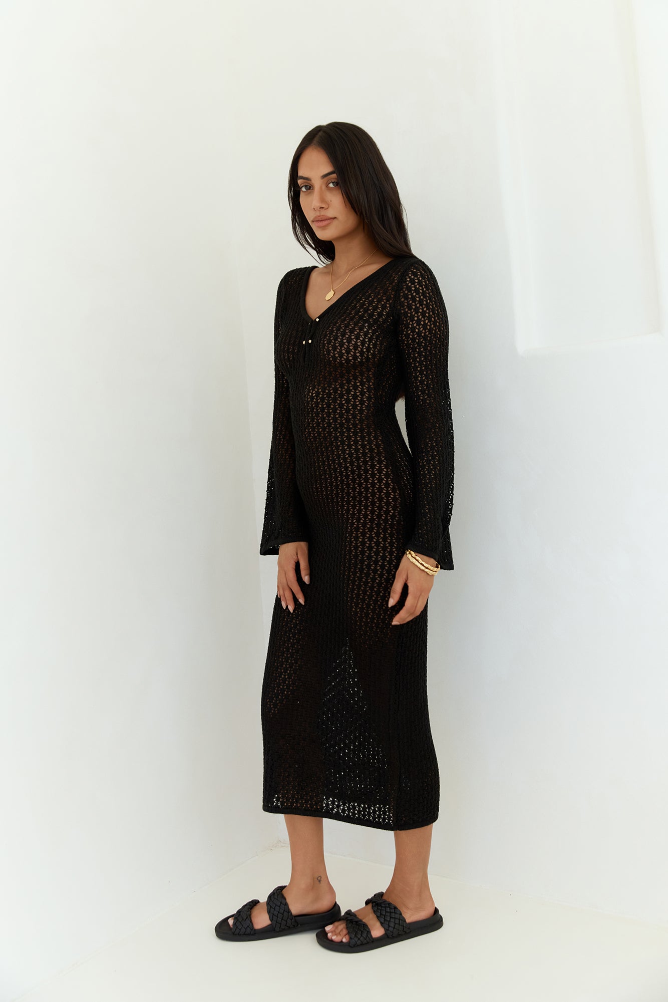 Sailing Into Sunset Knit Long Sleeve Maxi Dress Black-Seaa Fashion