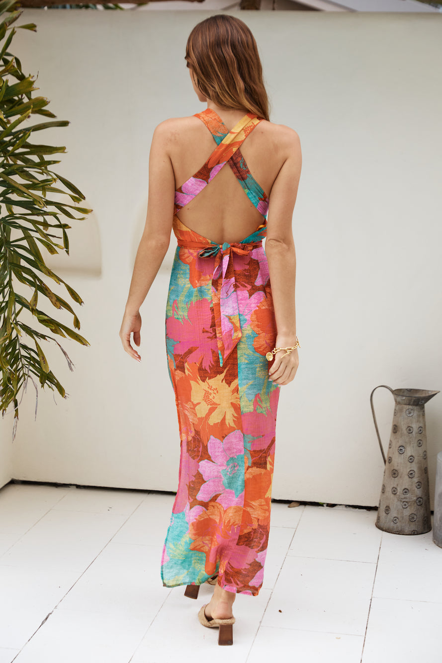 Tropical Retreat Halter Maxi Dress Pink-Seaa Fashion