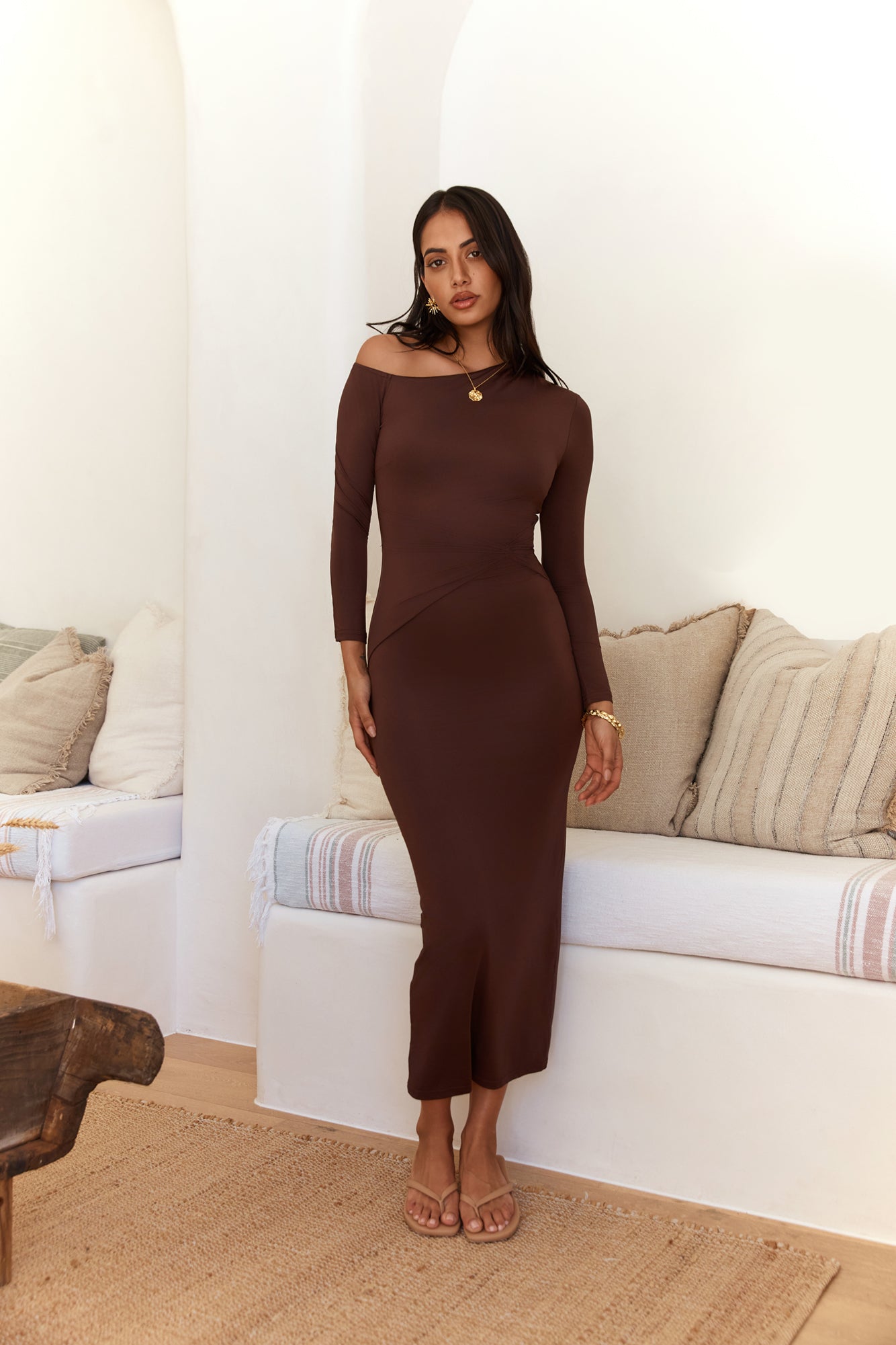 Winter Goddess Off Shoulder Long Sleeve Maxi Dress Brown-Seaa Fashion