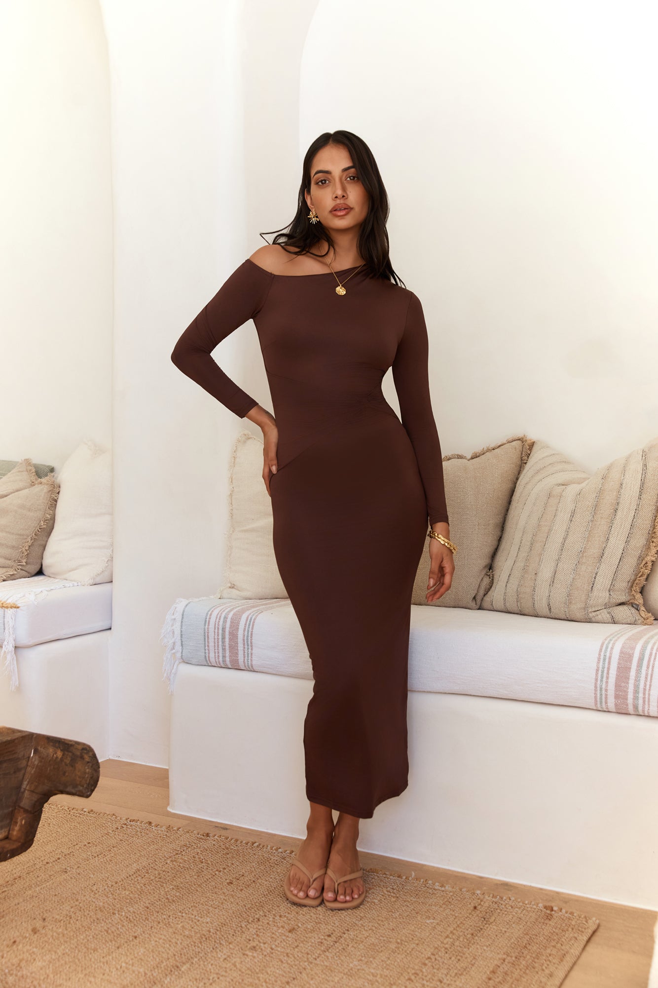Winter Goddess Off Shoulder Long Sleeve Maxi Dress Brown-Seaa Fashion