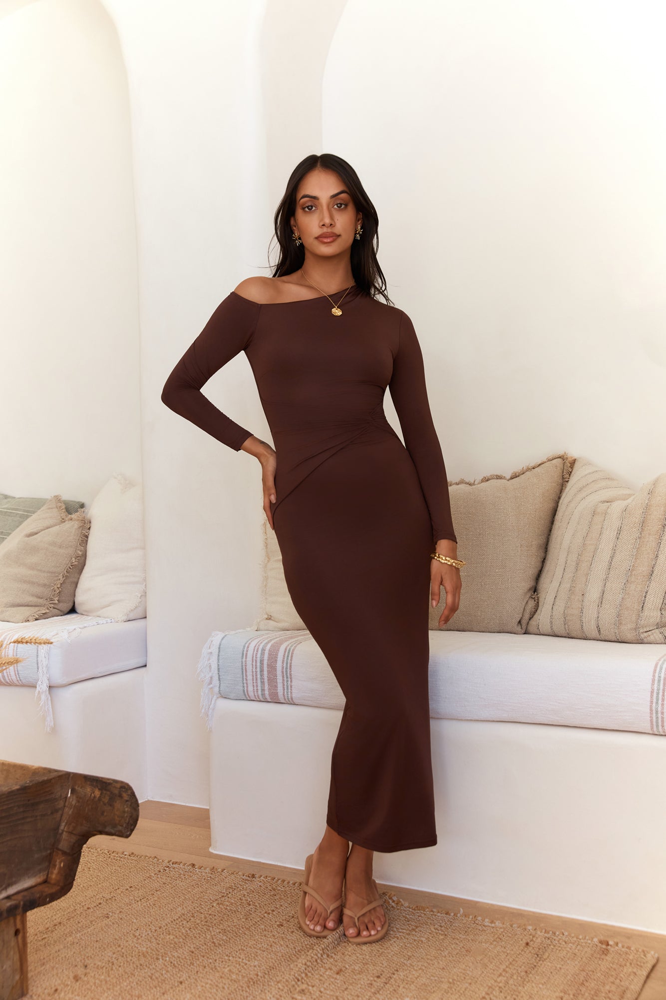 Winter Goddess Off Shoulder Long Sleeve Maxi Dress Brown-Seaa Fashion