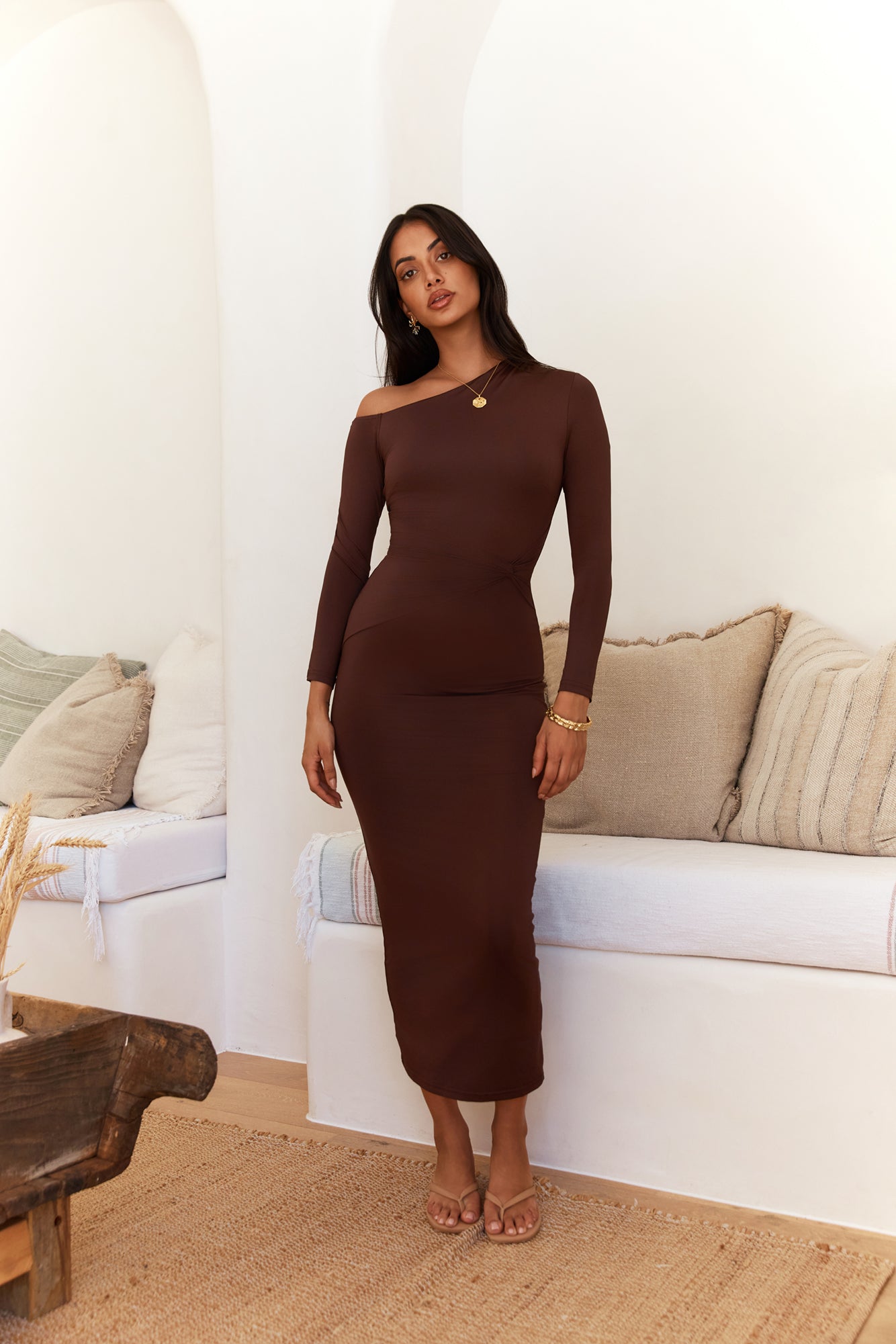 Winter Goddess Off Shoulder Long Sleeve Maxi Dress Brown-Seaa Fashion