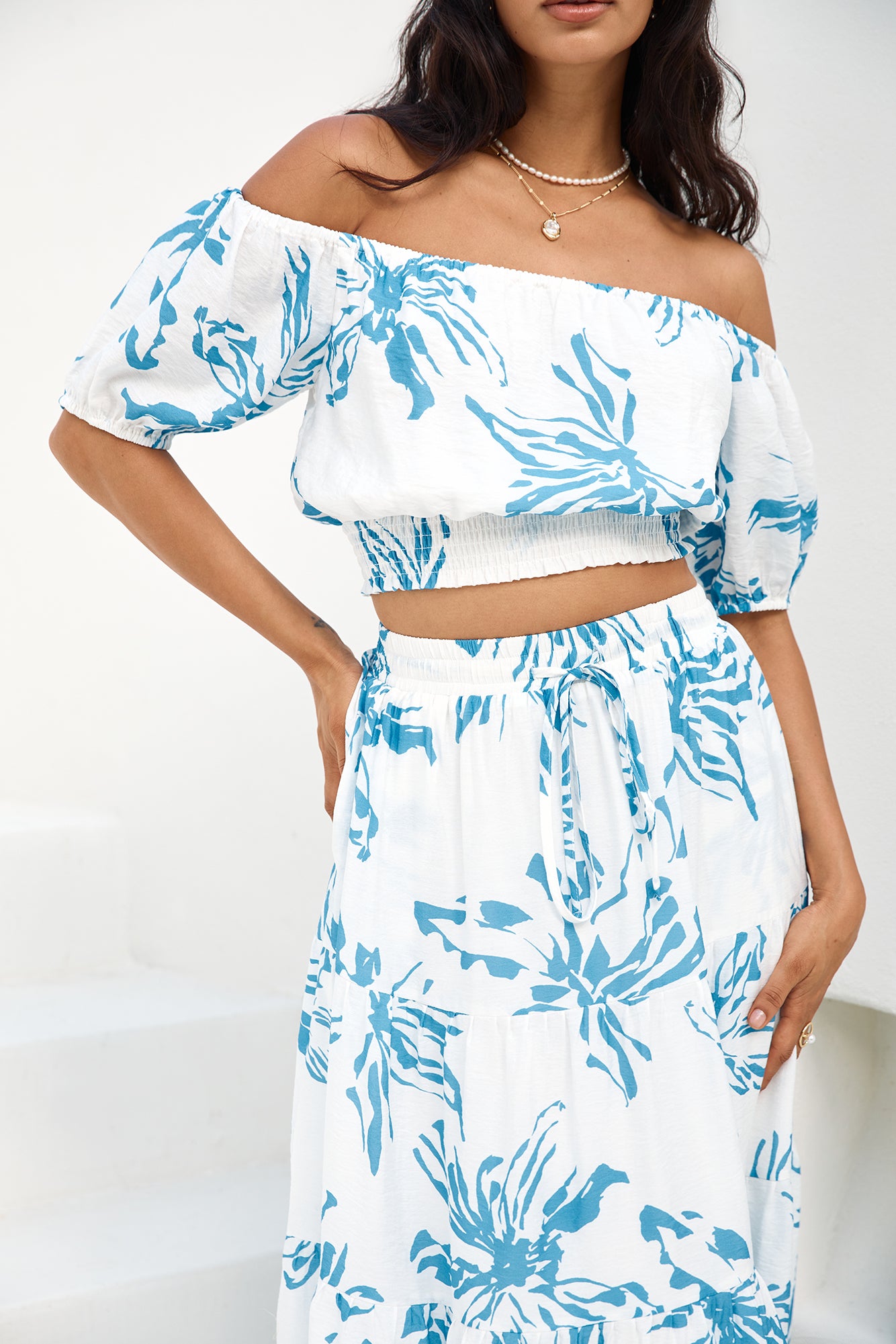 Island Whisper Off Shoulder Crop Top Blue-Seaa Fashion