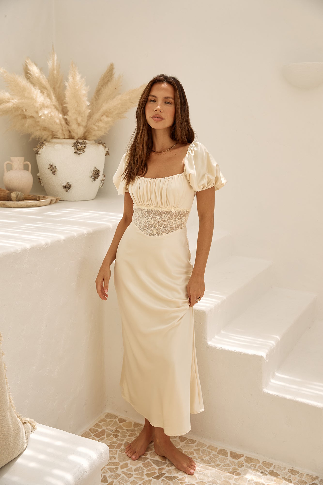 Gilded Daydreams Satin Maxi Dress Yellow-Seaa Fashion