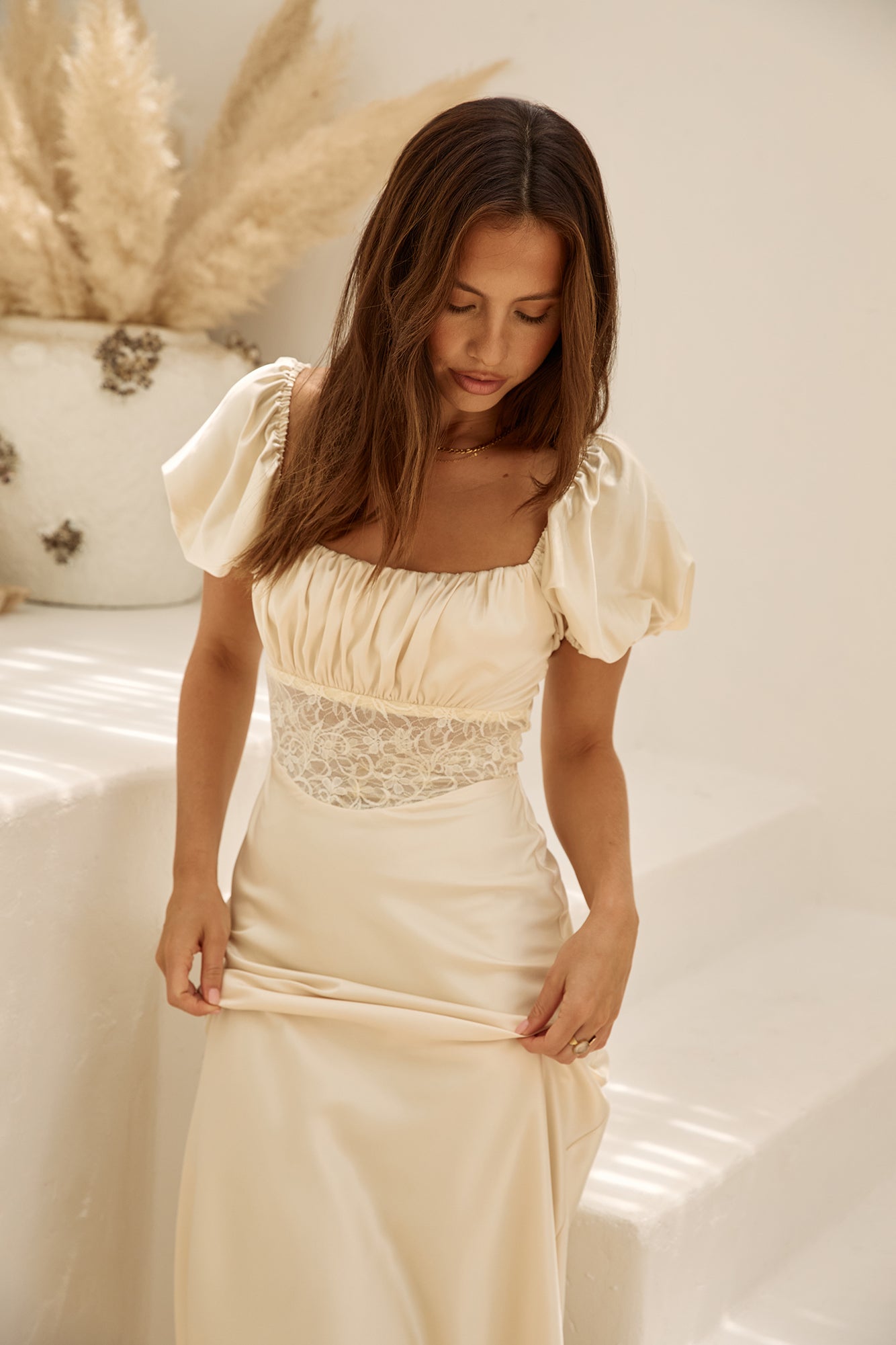 Gilded Daydreams Satin Maxi Dress Yellow-Seaa Fashion