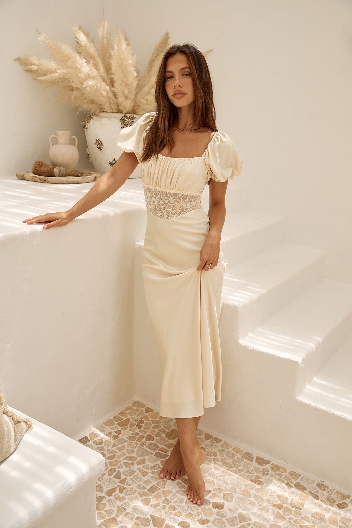 Gilded Daydreams Satin Maxi Dress Yellow-Seaa Fashion