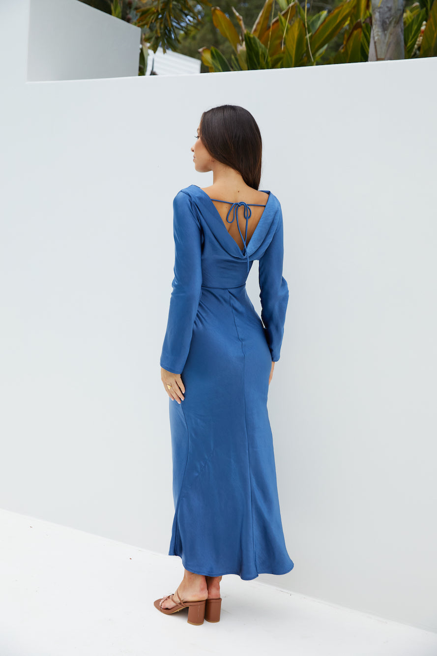 The Forget Me Not Satin Midi Dress Navy-Seaa Fashion